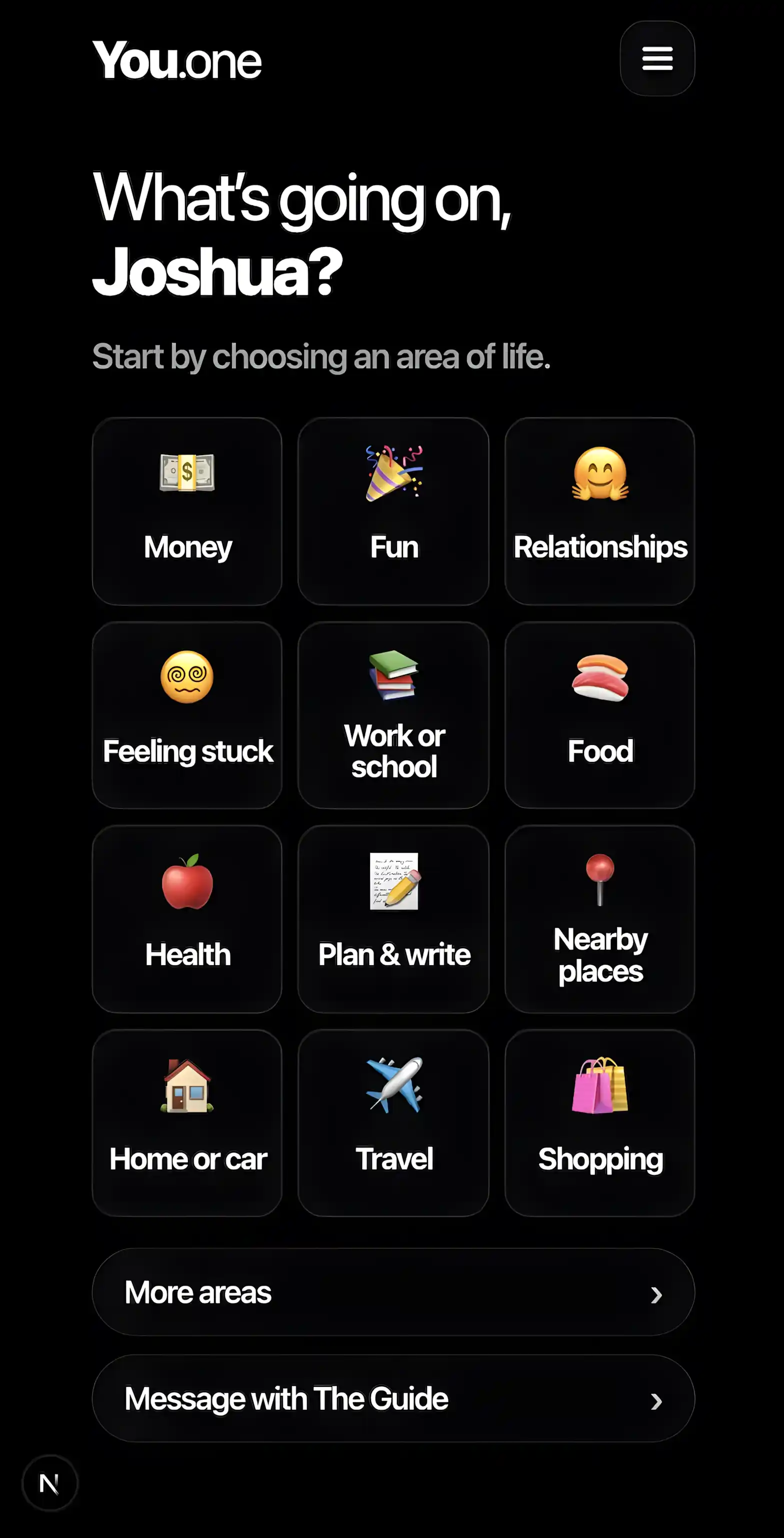 You.one home screen showing area-of-life choices and a message option for Ava.