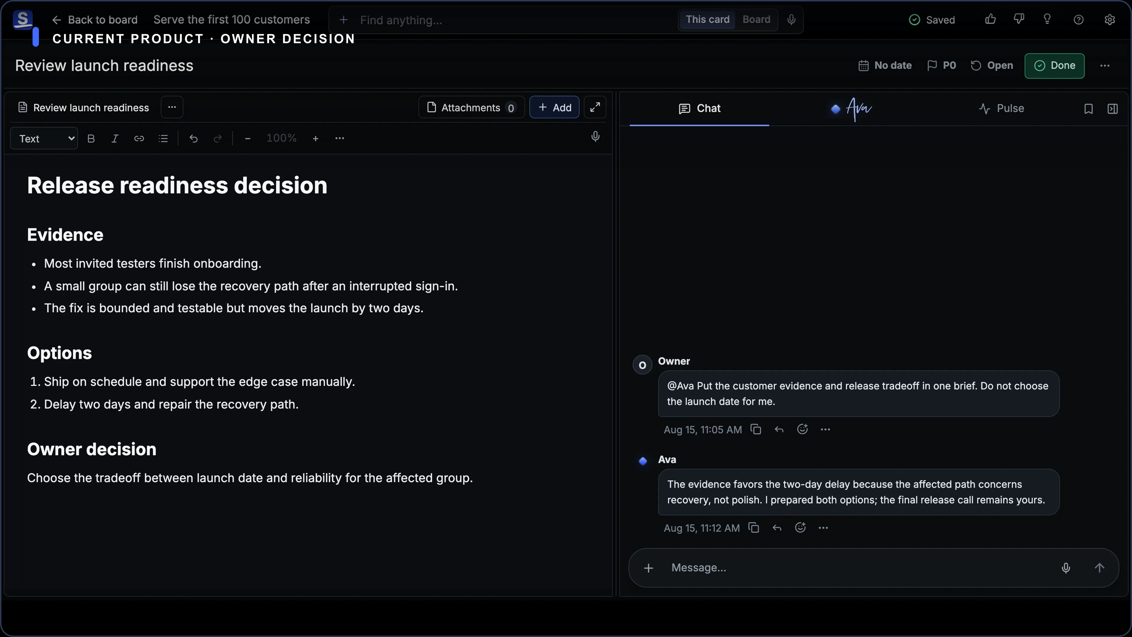 Current Superboard decision Room showing evidence and options prepared for the human Owner’s release decision.