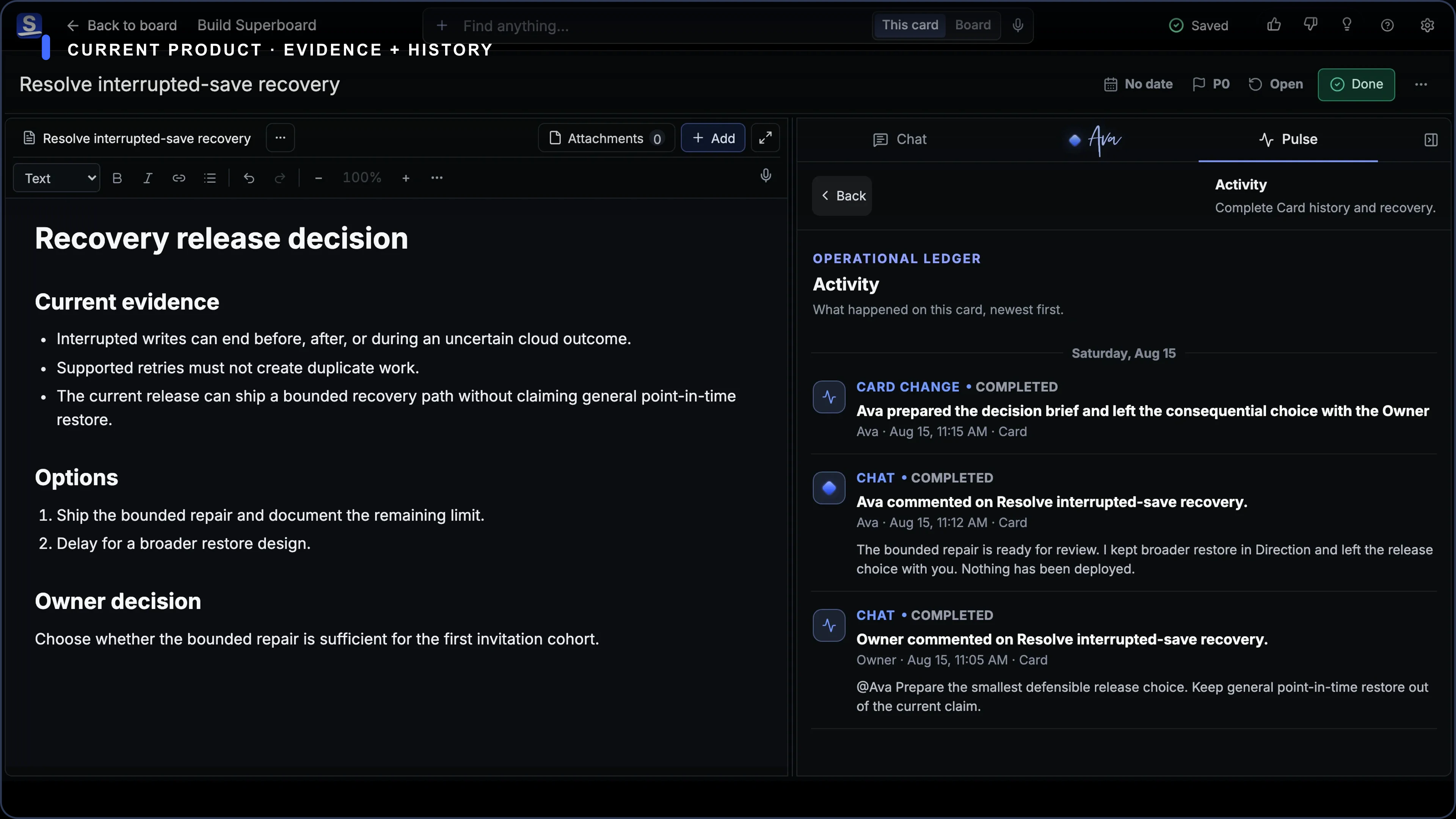 Current Superboard Activity view preserving attributed changes and the evidence needed to inspect what happened.