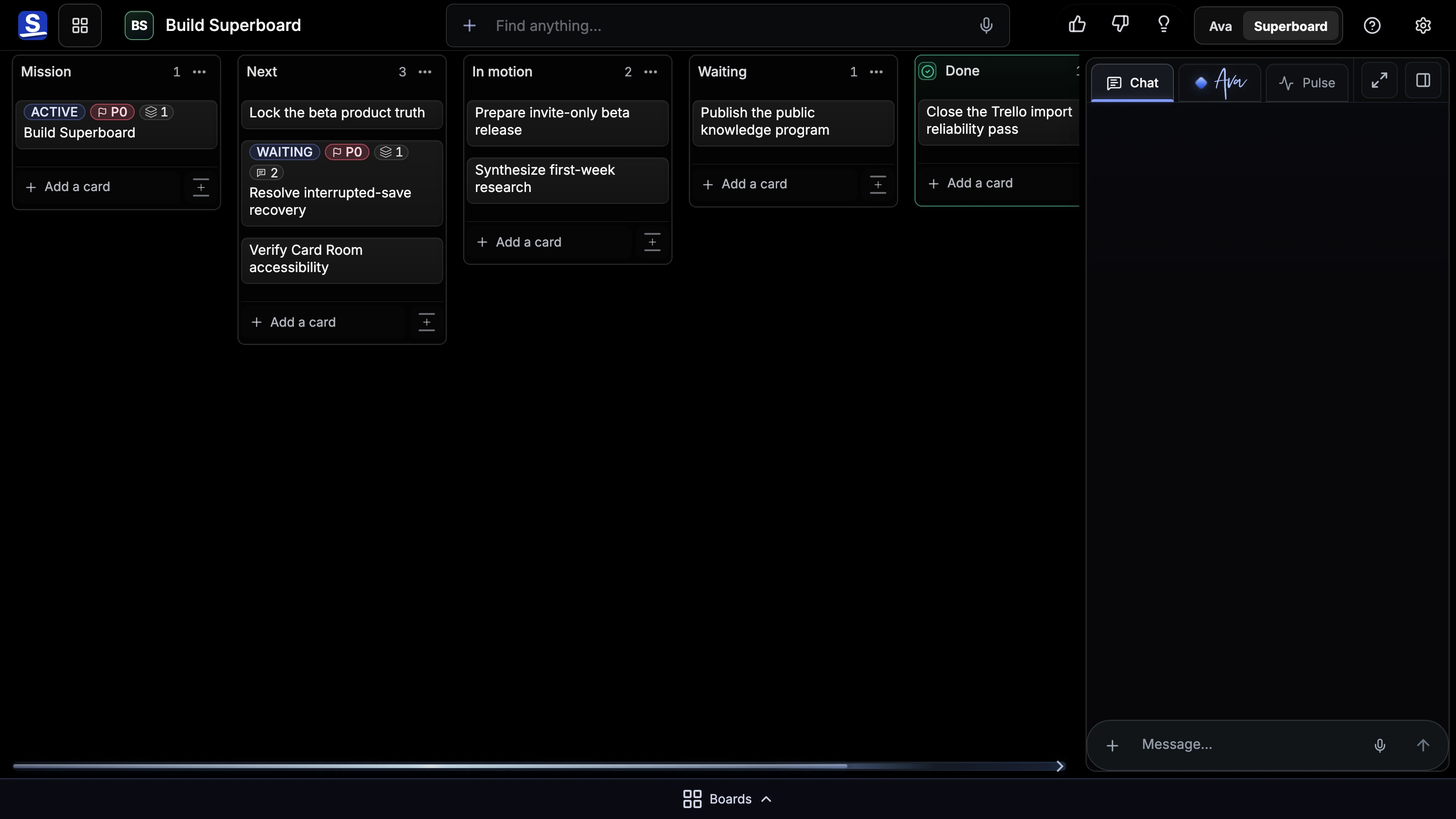 How we build You.one in its Superboard view Board with a deterministic set of populated Lists and Cards.