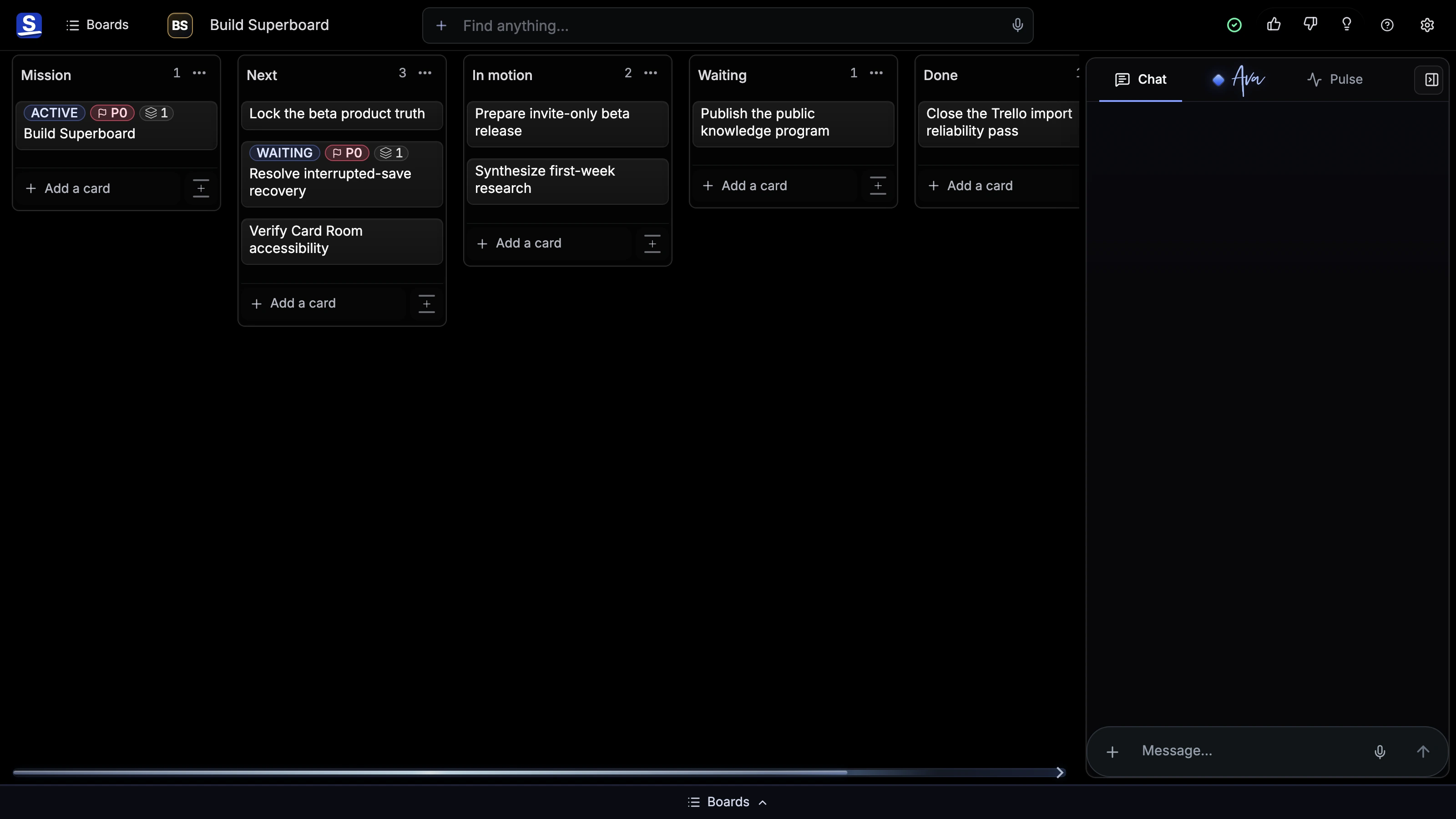 How we build You.one in its Superboard view Board with a deterministic set of populated Lists and Cards.