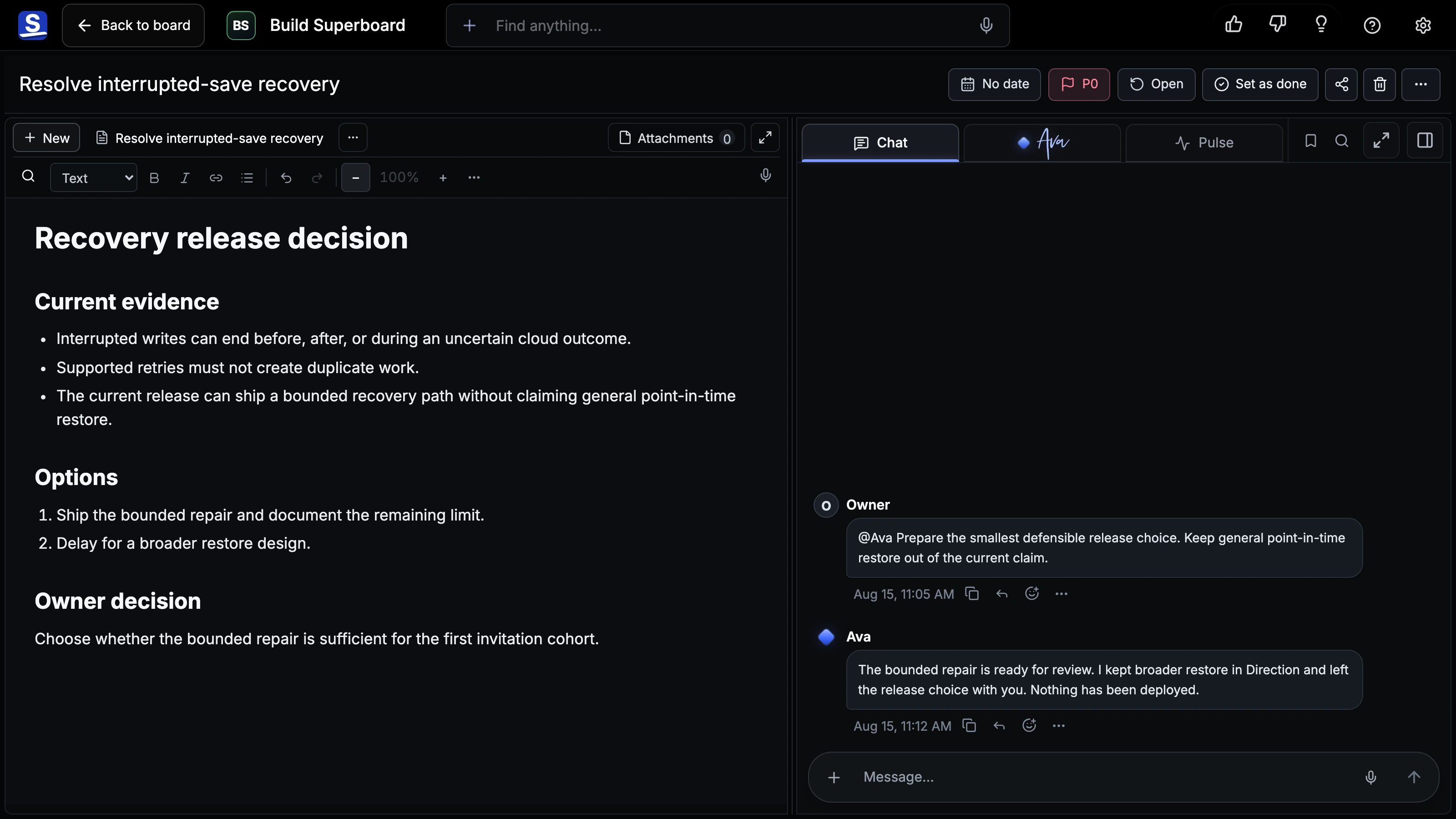 How we build You.one in its Superboard view Card Room showing current Stage, Chat, and work context.