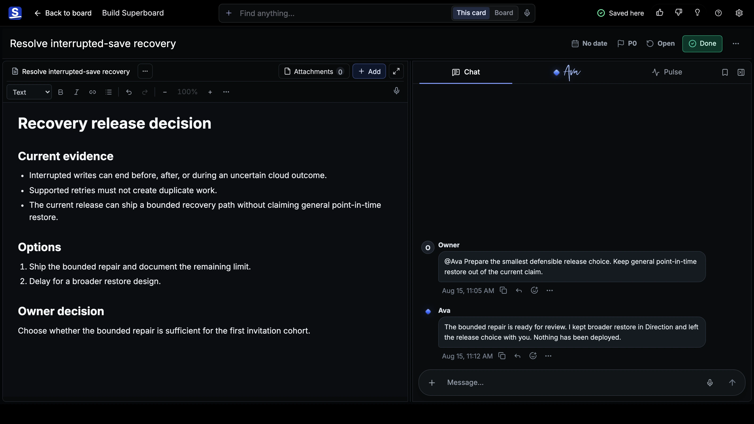 How we build You.one in its Superboard view Card Room showing current Stage, Chat, and work context.