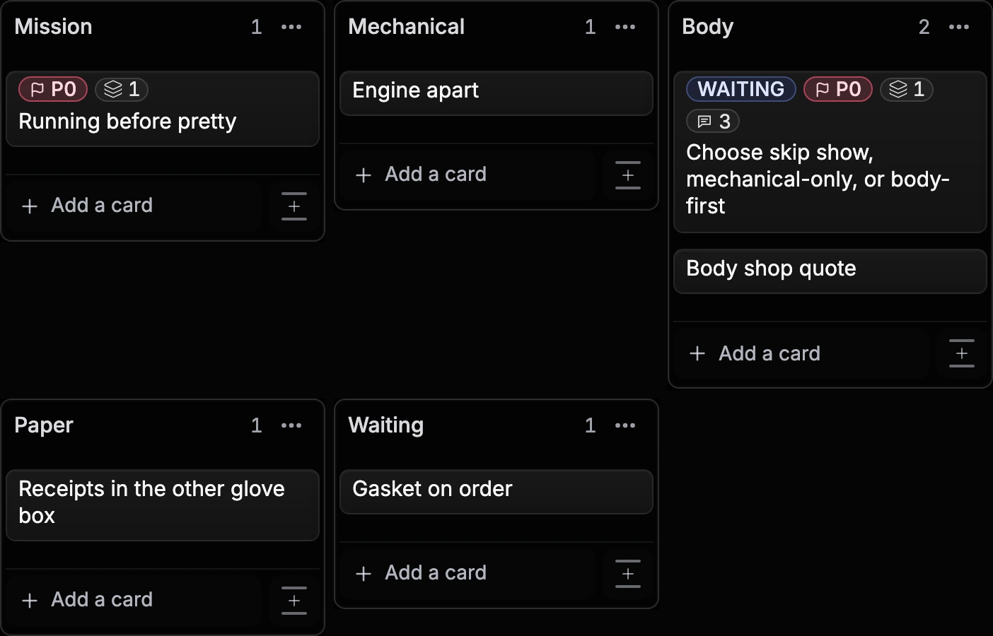 Current fictional Coupe to spring Board in You.one's Superboard view with Mission, Mechanical, Body, Paper, Waiting Lists and the Choose skip show, mechanical-only, or body-first decision kept visible.