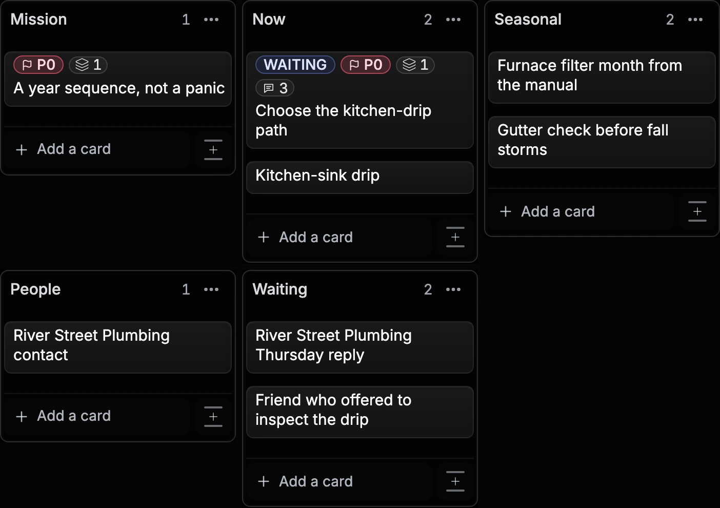 Current fictional First-year house Board in You.one's Superboard view with Mission, Now, Seasonal, People, Waiting Lists and the Choose the kitchen-drip path decision kept visible.