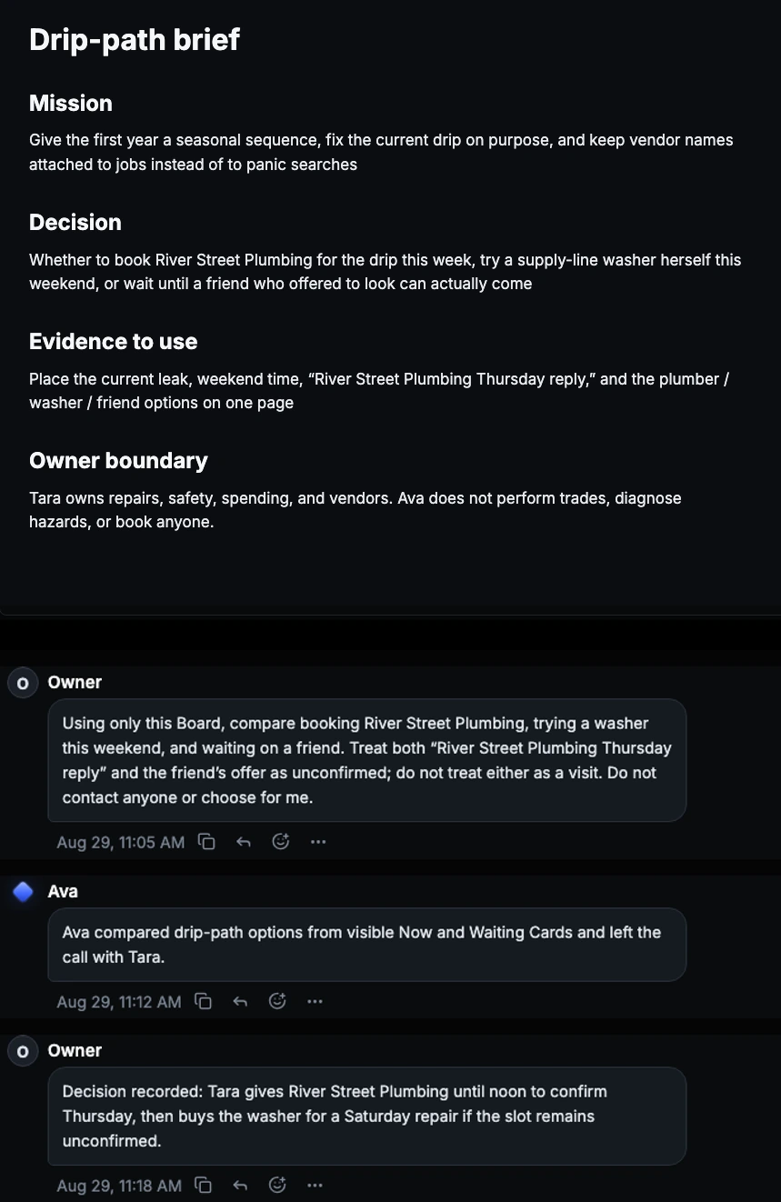 Current fictional Choose the kitchen-drip path Card Room in You.one's Superboard view, showing the Stage artifact and an attributed Chat exchange where Ava prepares bounded help and Tara records the decision.