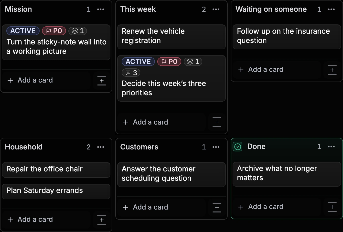 Fictional Riley Board with This week, Waiting on someone, Household, Customers, and Done Lists holding manually entered work and life Cards.