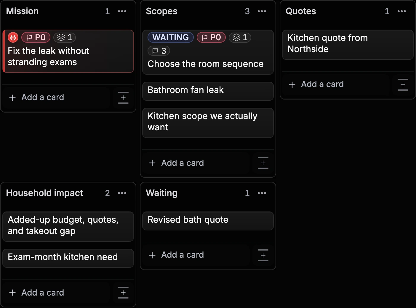 Current fictional Kitchen and bath sequence Board in You.one's Superboard view with Mission, Scopes, Quotes, Household impact, Waiting Lists and the Choose the room sequence decision kept visible.