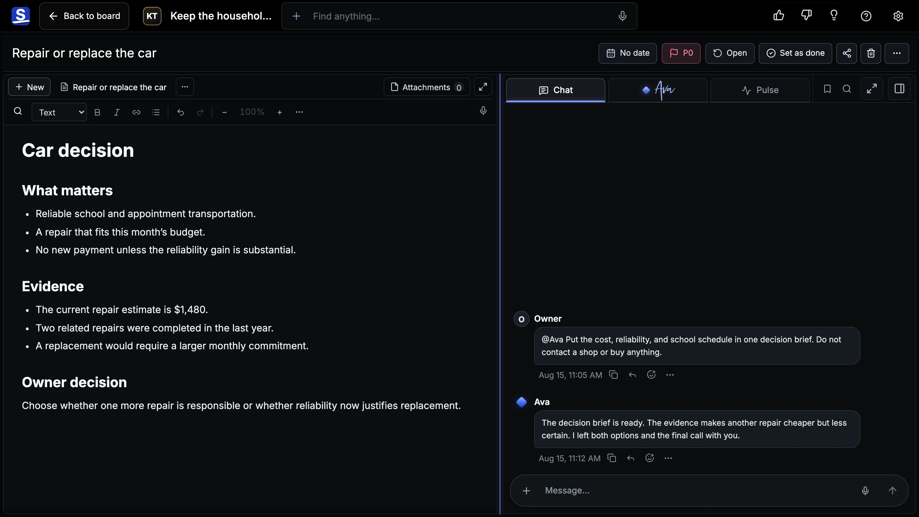 How one household Owner keeps life from disappearing into reminders Card Room showing current Stage, Chat, and work context.