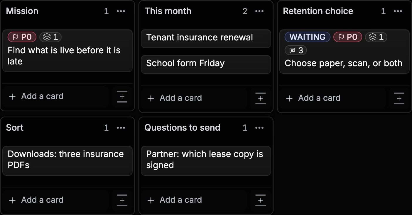 Current fictional Paperwork reset Board in You.one's Superboard view with Mission, This month, Retention choice, Sort, Questions to send Lists and the Choose paper, scan, or both decision kept visible.