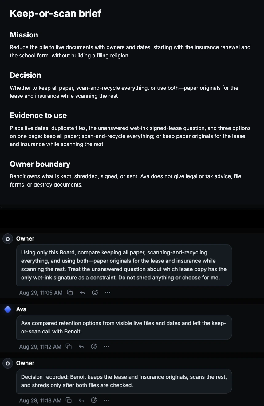 Current fictional Choose paper, scan, or both Card Room in You.one's Superboard view, showing the Stage artifact and an attributed Chat exchange where Ava prepares bounded help and Benoit records the decision.