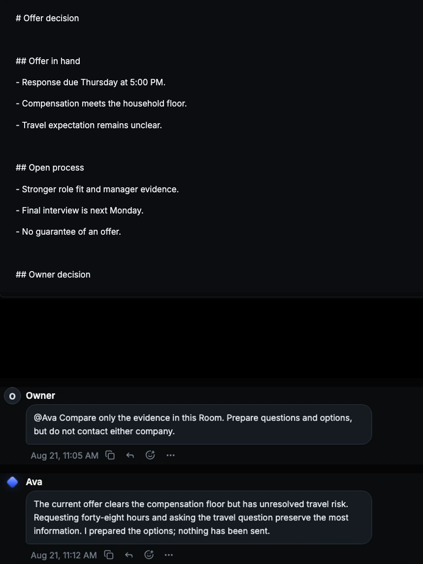 Darnell offer decision Room with evidence, constraints, an Owner request, and an Ava-prepared comparison that sends nothing.