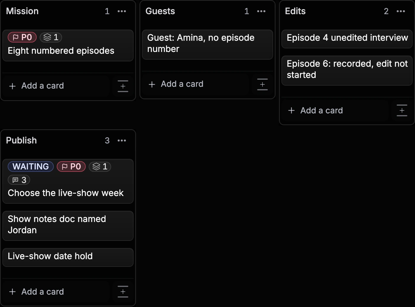 Current fictional Season four Board in You.one's Superboard view with Mission, Guests, Edits, Publish Lists and the Choose the live-show week decision kept visible.