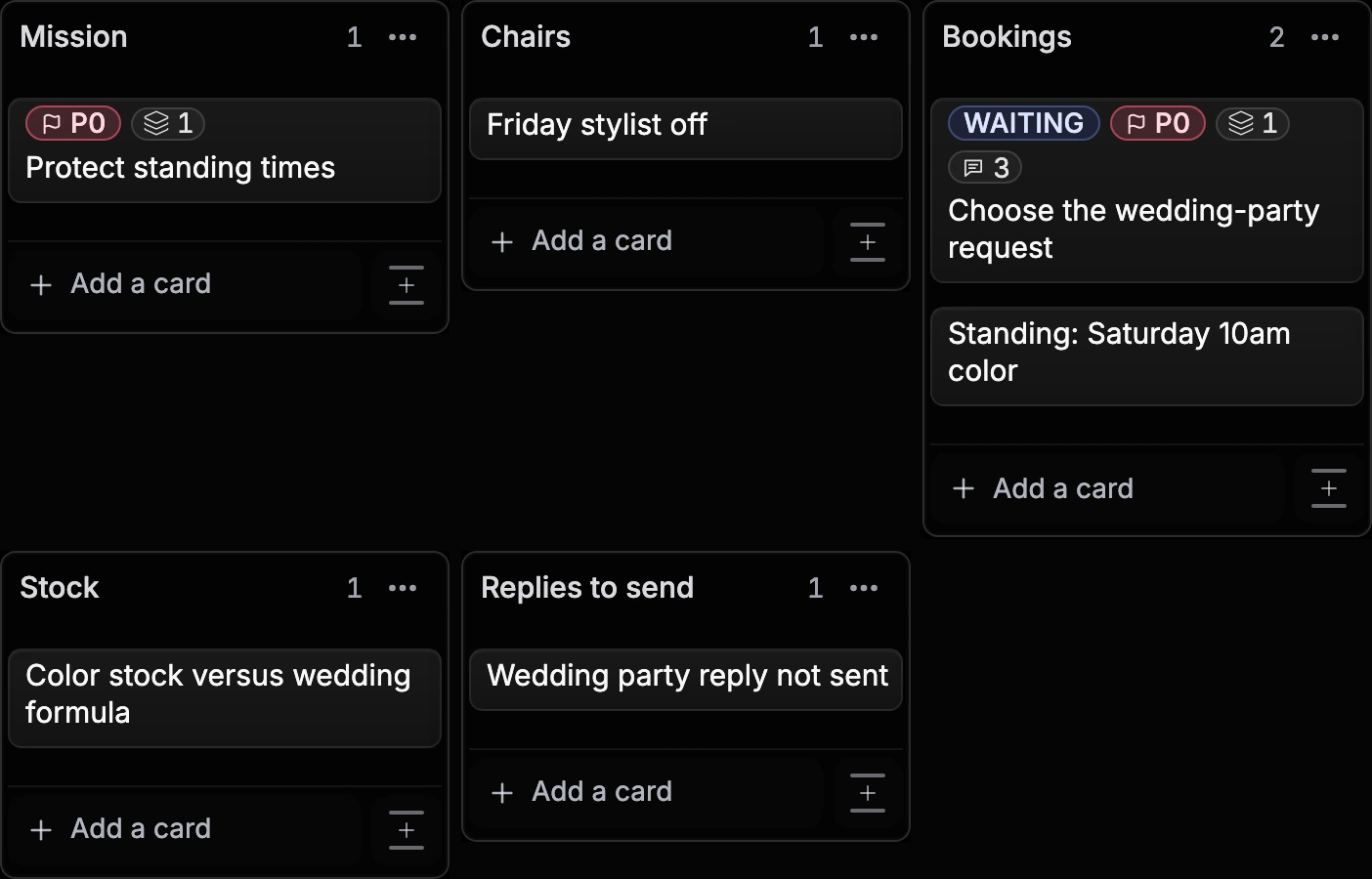 Current fictional Saturday operations Board in You.one's Superboard view with Mission, Chairs, Bookings, Stock, Replies to send Lists and the Choose the wedding-party request decision kept visible.