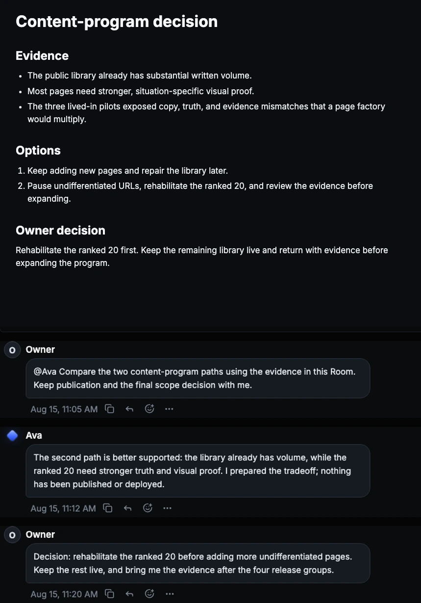 Public-safe Founder Room evidence showing the content-program brief followed by Joshua’s request, Ava’s bounded comparison, and Joshua’s recorded decision.