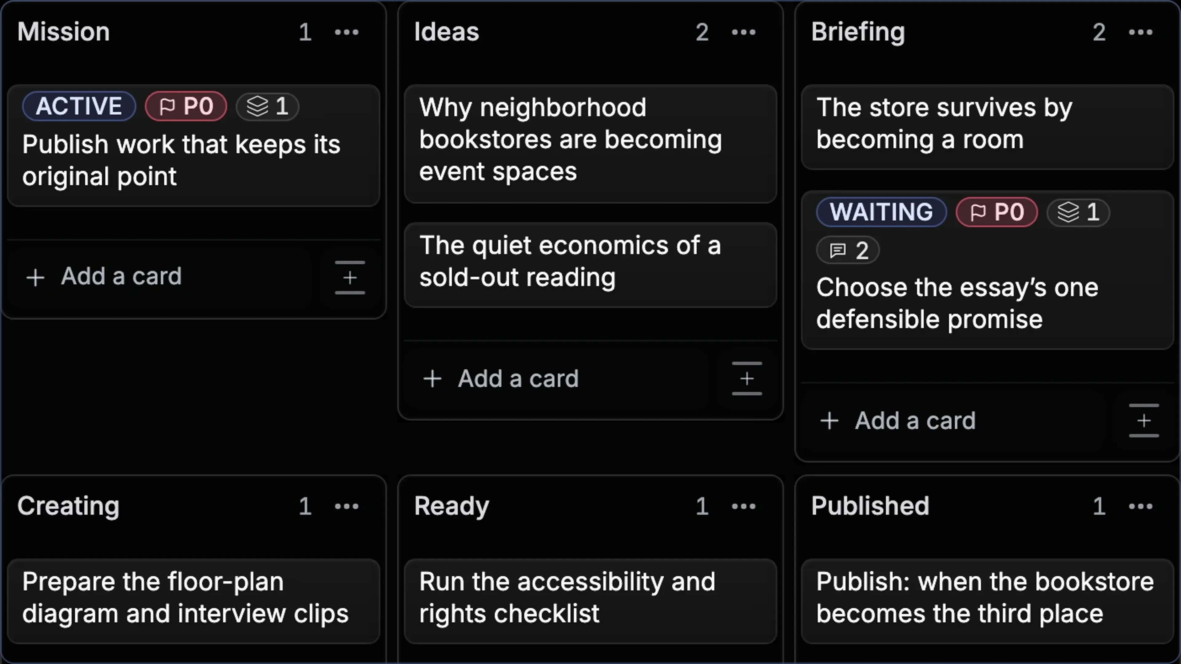 Current fictional creator Board showing ideas, briefs, work in progress, release readiness, and one editorial decision.