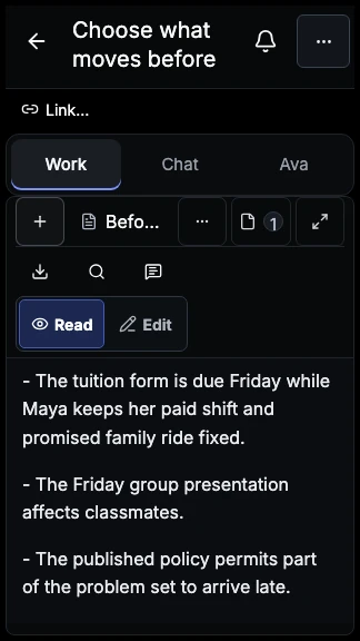Maya’s current-product Stage Document lists the Friday tuition form, group presentation, published late window, and Maya’s responsibility for the decision.