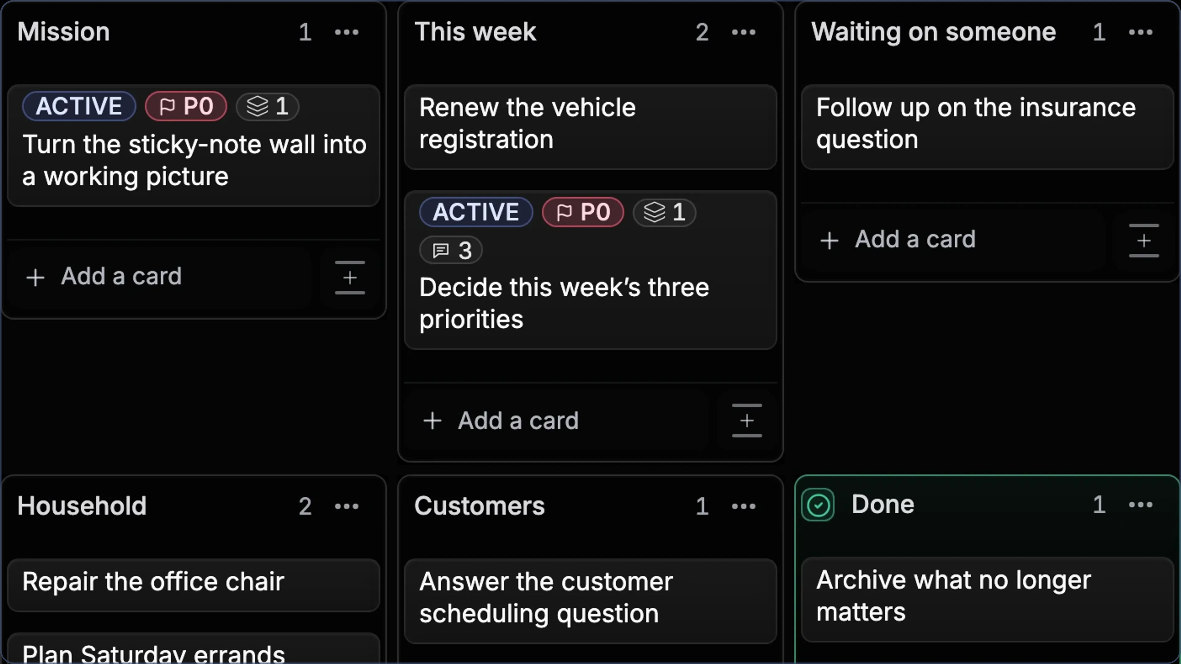 Current fictional Superboard Board showing Riley’s manually entered work organized by this week, waiting on someone, household, customers, and done.