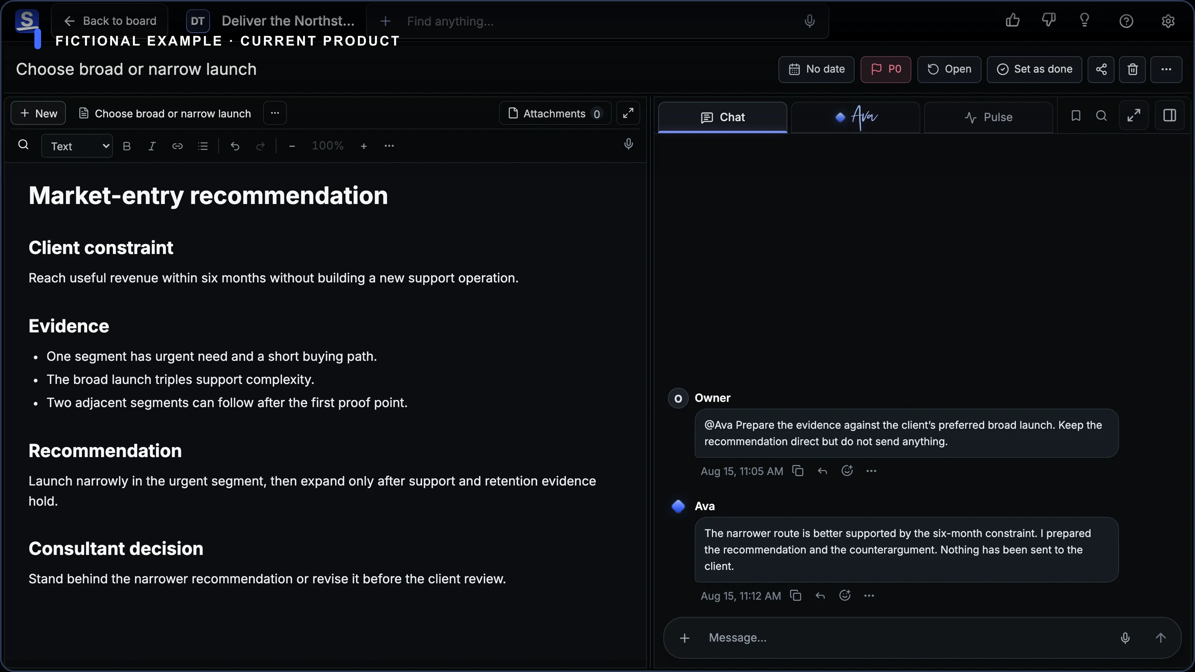Current fictional consultant Card Room on desktop and mobile, keeping evidence, recommendation, and client decision together.