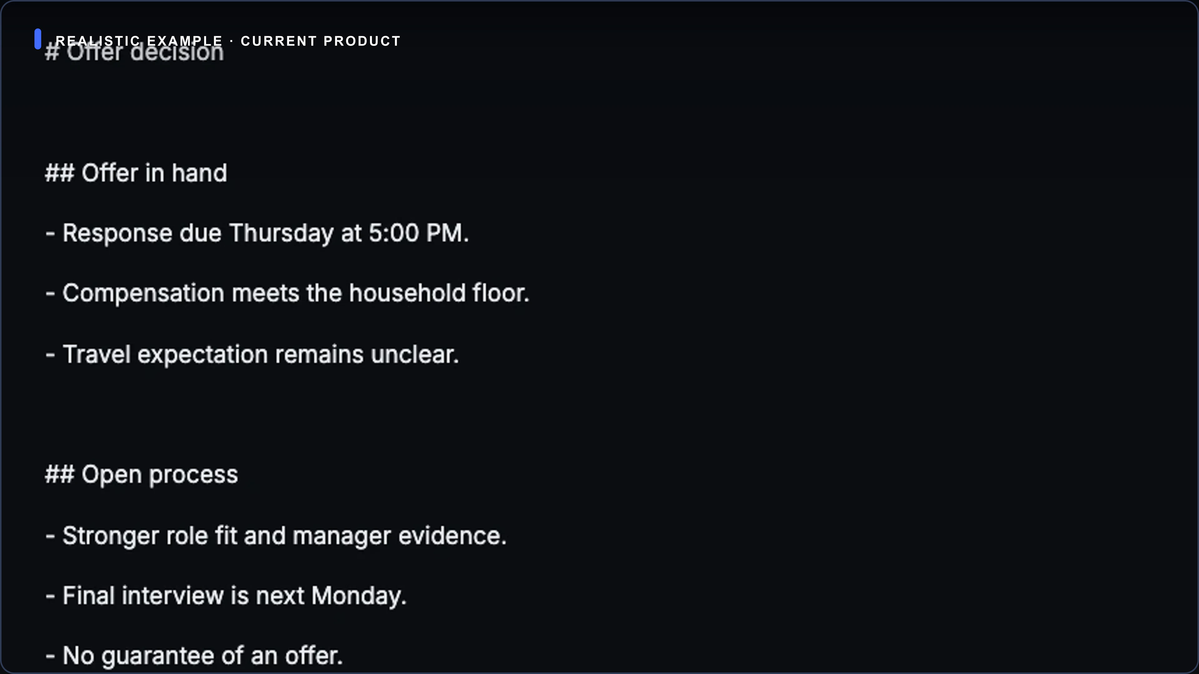 Current fictional job-search Board showing target roles, preparation, applications, interviews, waiting, closure, and one offer decision.