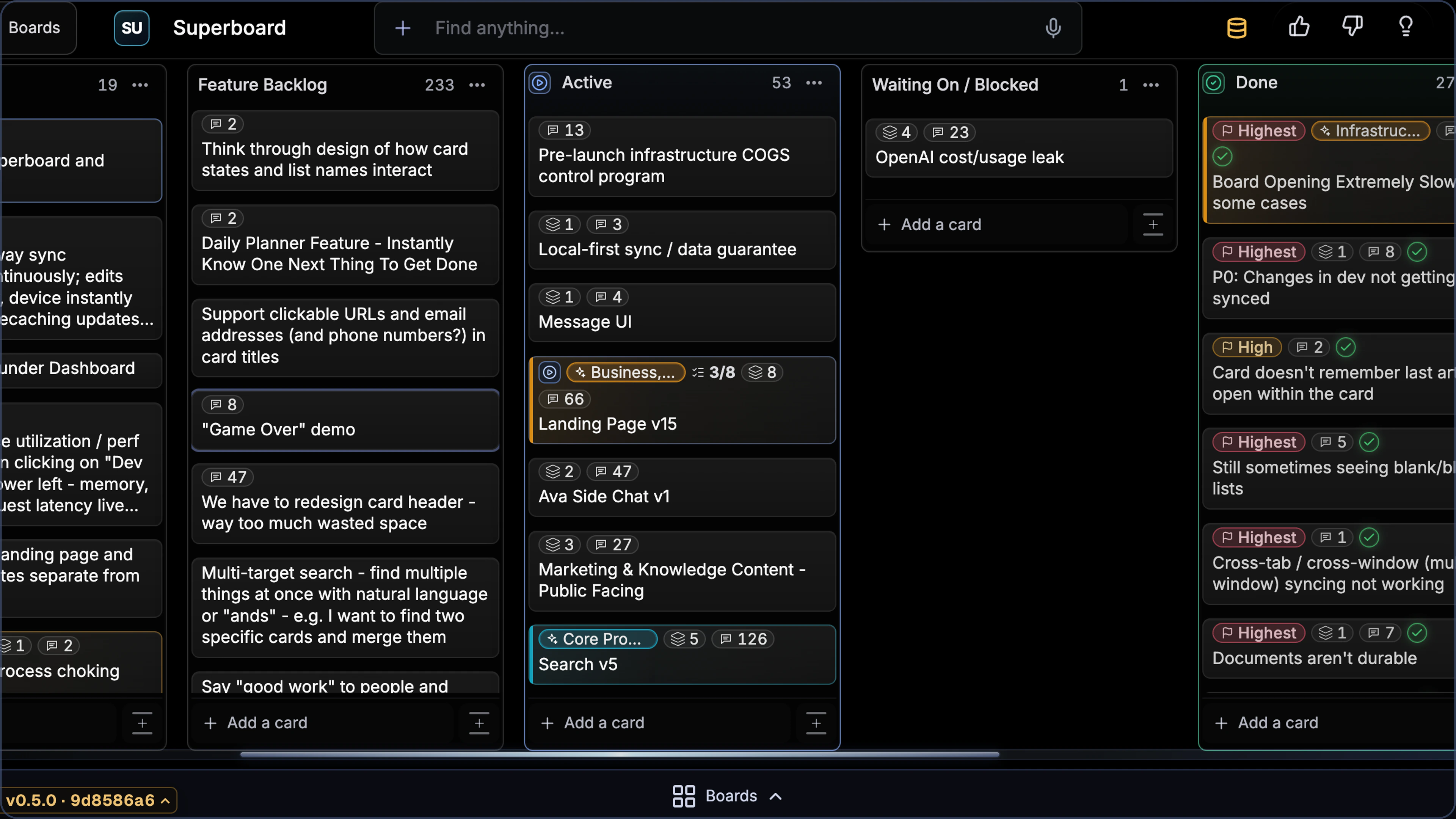 Joshua Segeren’s sanitized actual Founder Board in You.one’s Superboard view; desktop shows the broad operating picture, while mobile uses readable crops of Feature Backlog, Active, and Done from the same capture.