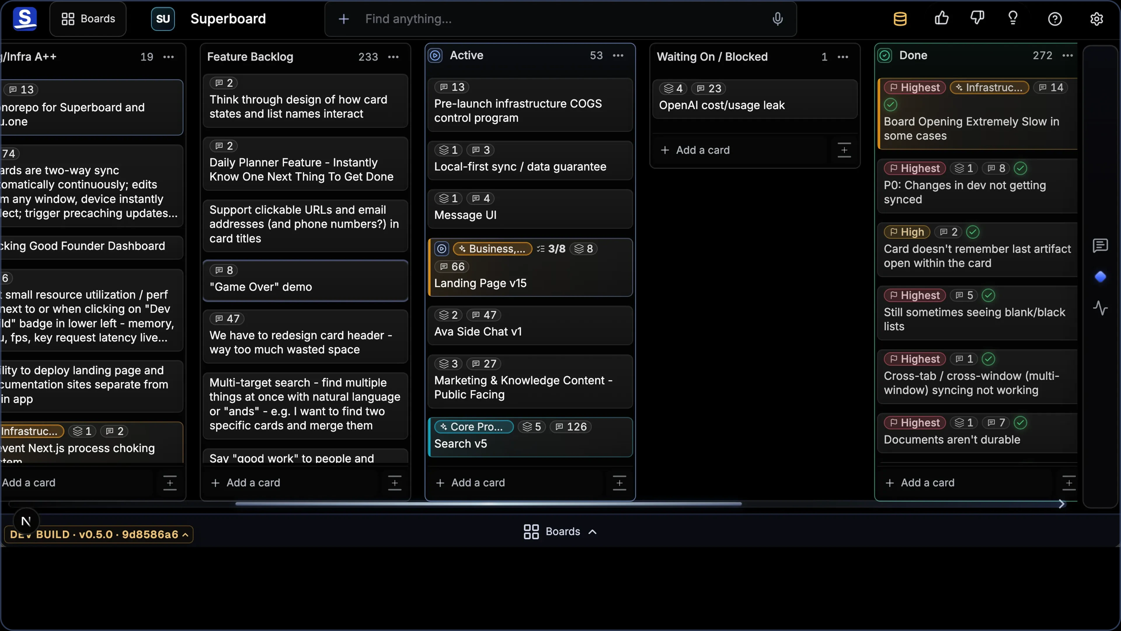 A screenshot of Joshua Segeren’s actual production Founder Board on desktop and mobile derivatives, showing real product work across multiple Lists and Cards.