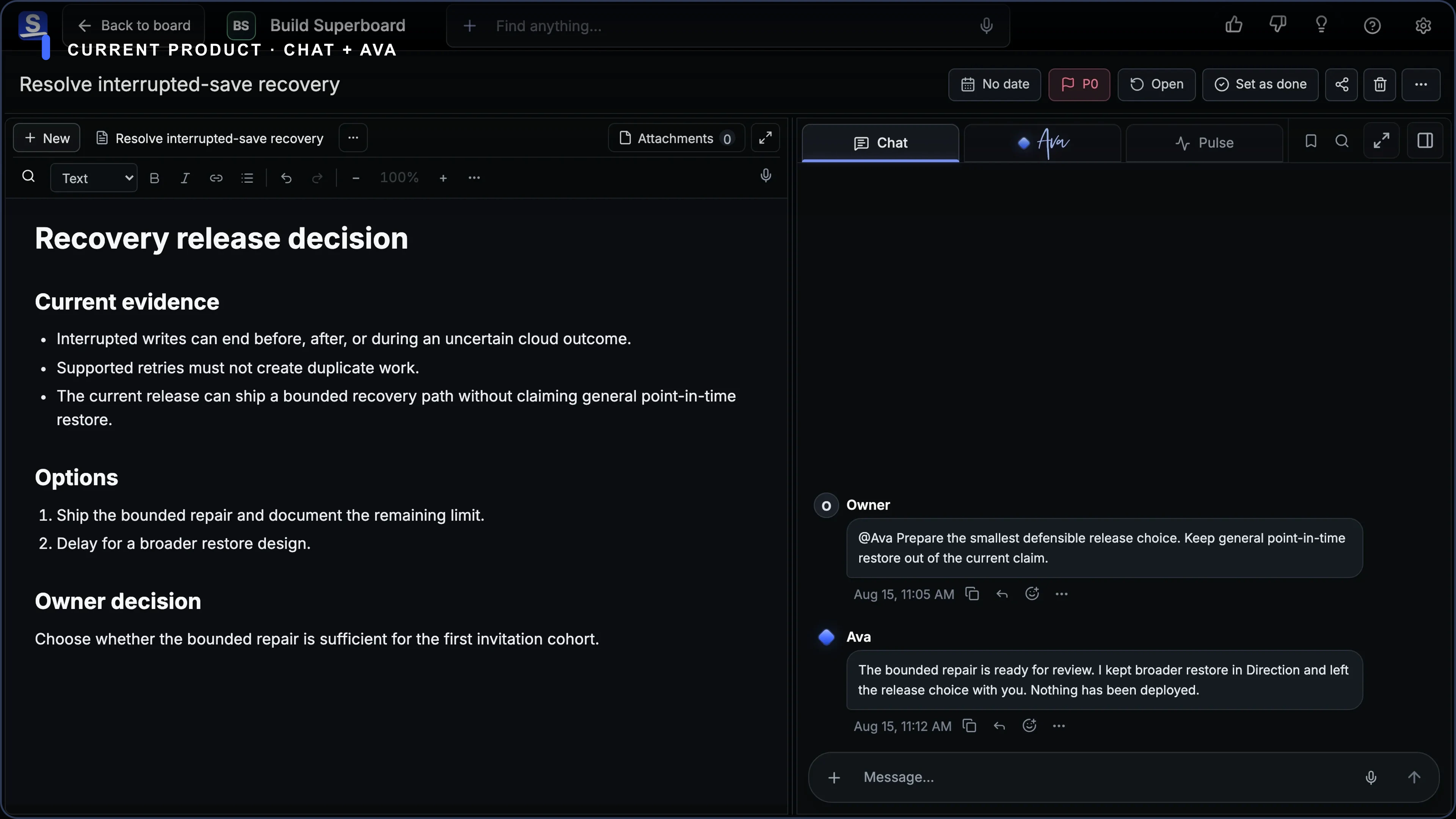 Current Superboard Card Chat showing sequential messages and an explicit @Ava request.