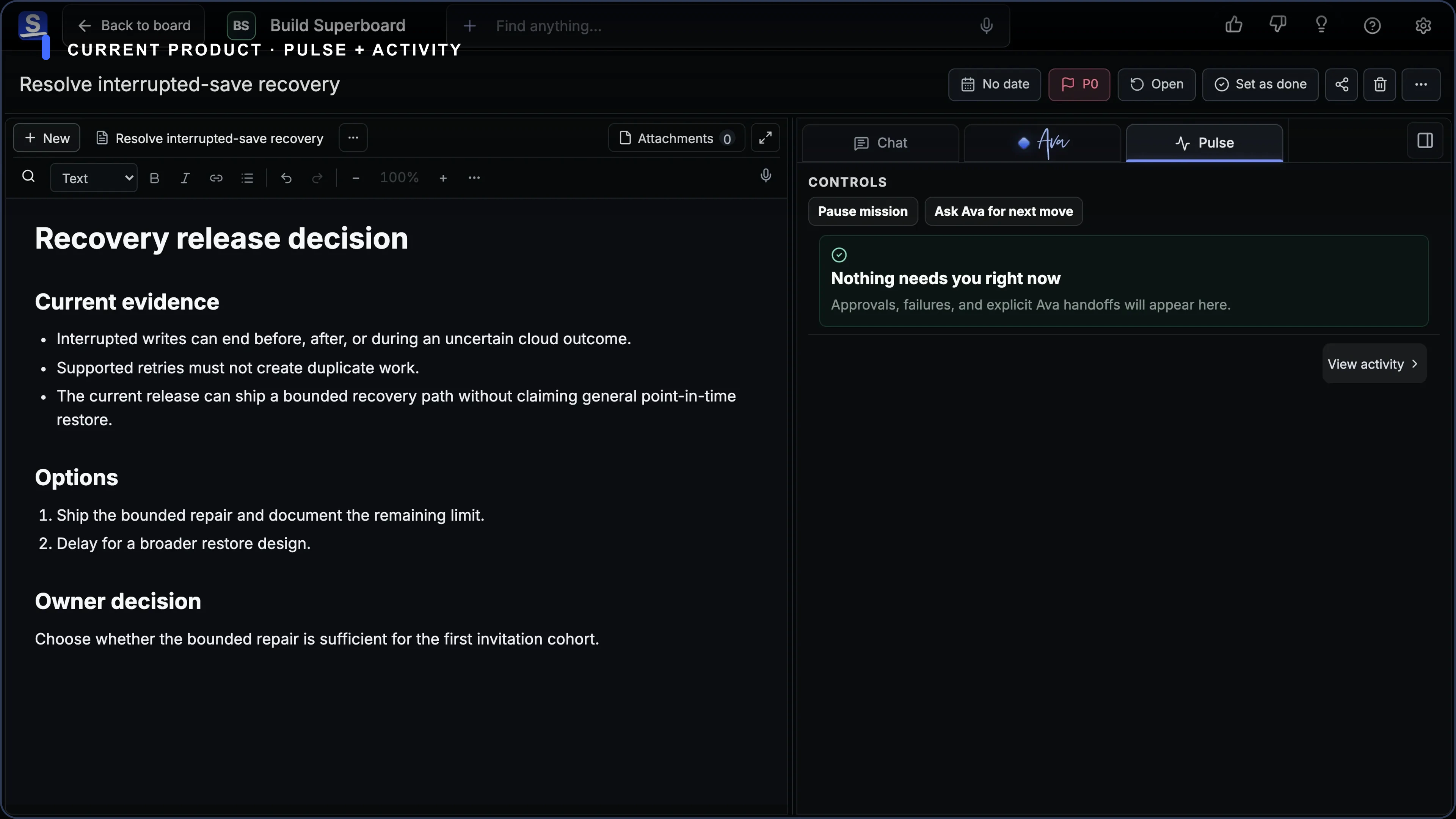 Current Superboard Pulse showing completed work, an activity path, and available Undo controls.
