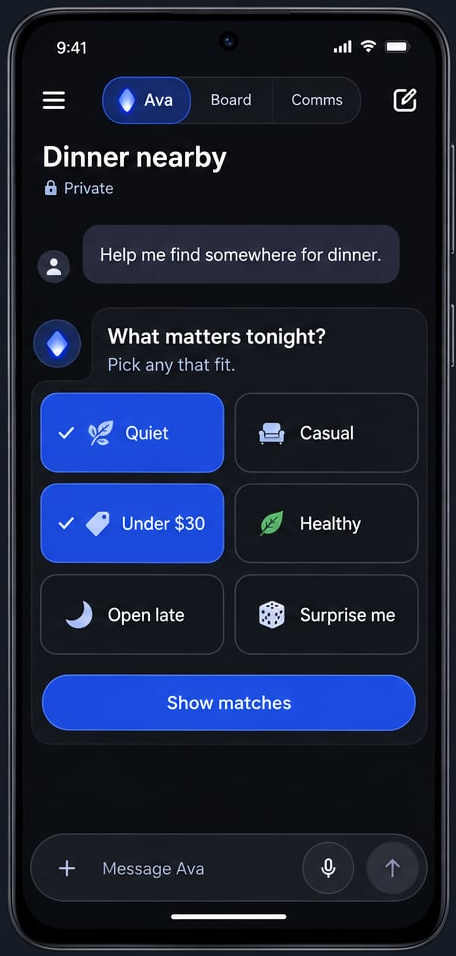 Choose Quiet and Under $30 from Ava’s dinner options.