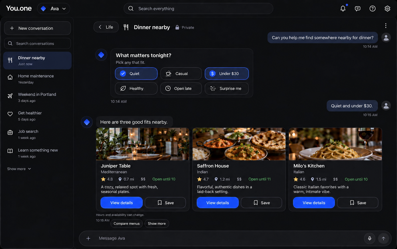 Ava asks what matters for dinner, then presents nearby options to compare.