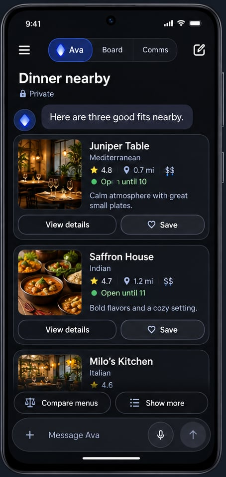 Three illustrative restaurant options with details to compare and save.
