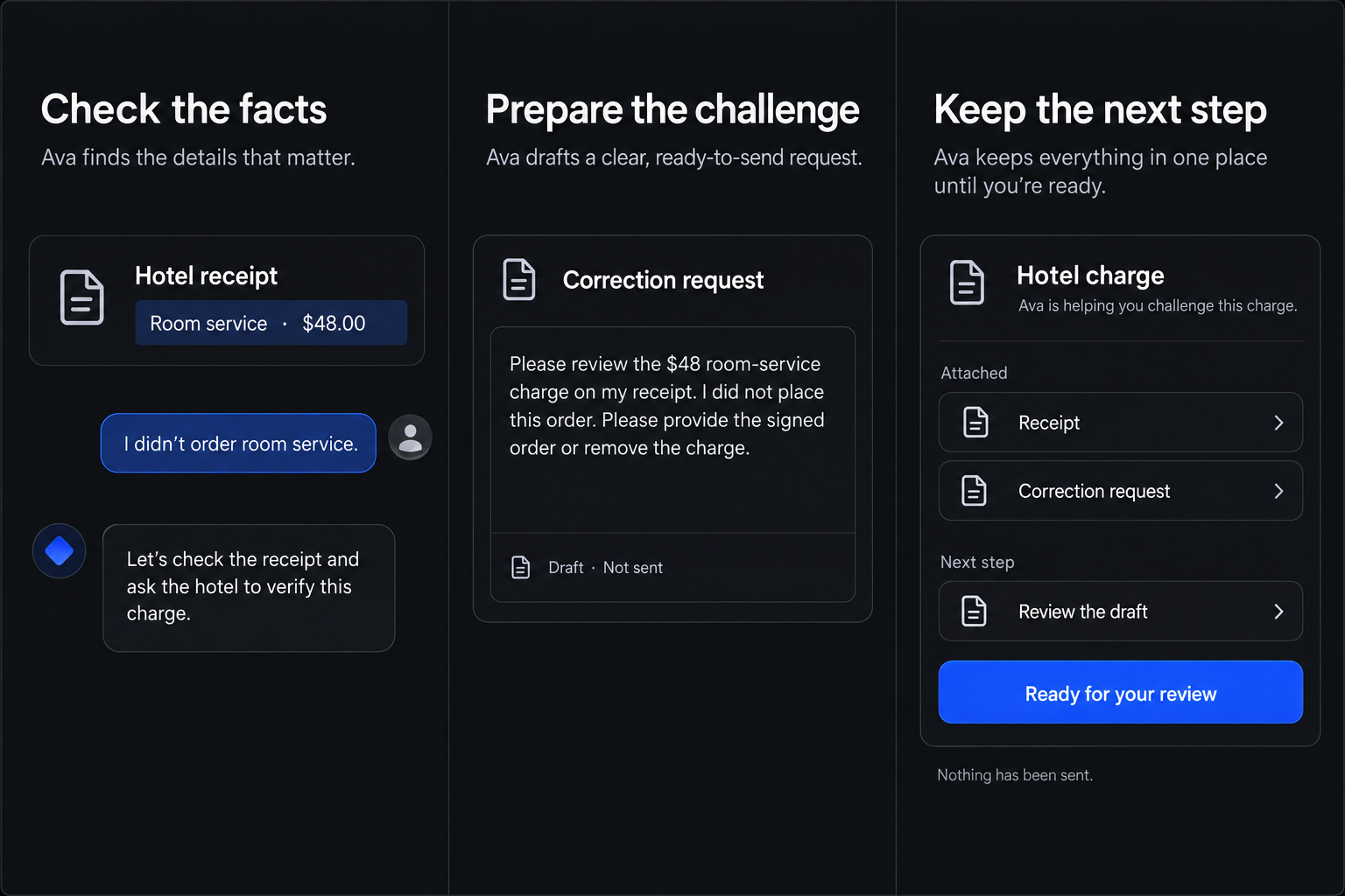Check the facts: a $48 room-service charge the person says they did not order.