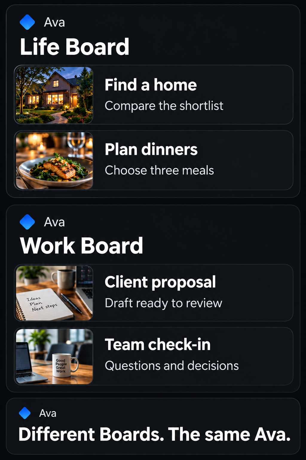 Life Board: a home shortlist and dinners with Ava.; Work Board: a client proposal and team decisions with the same Ava.