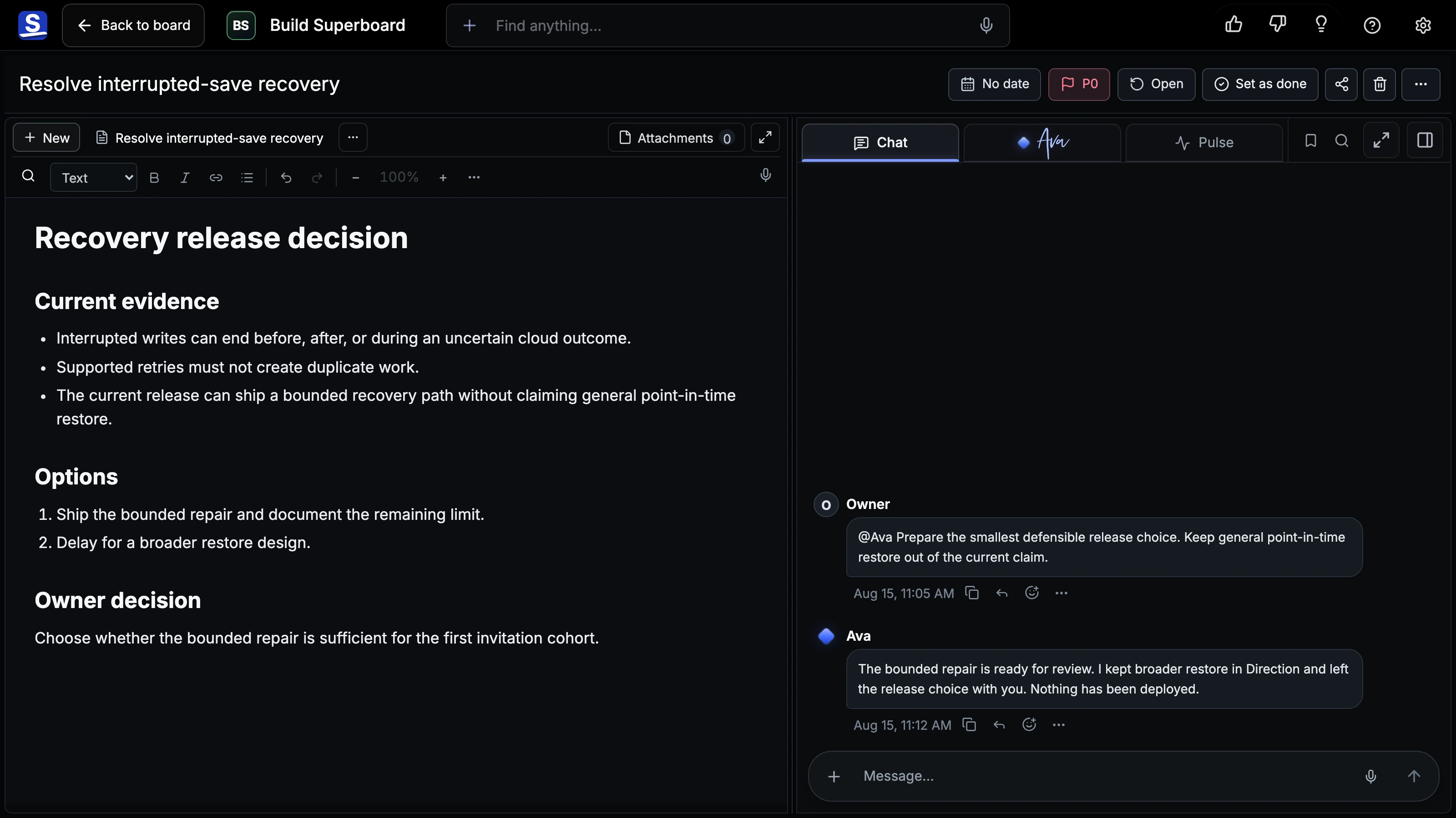 Current Card Chat showing an explicit request to Ava, Ava’s attributed reply, message actions, and the persistent composer.