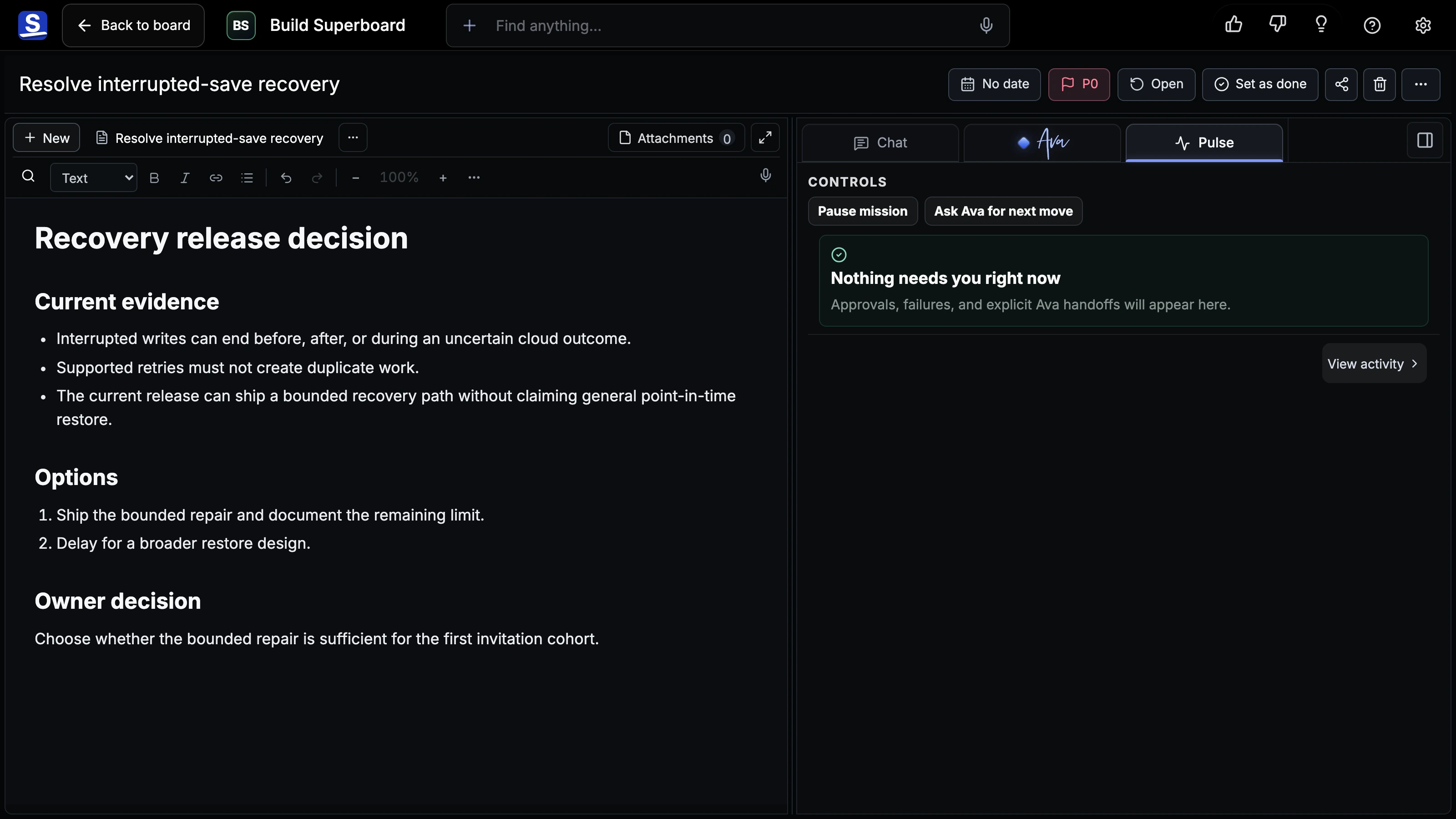 Current Card Pulse beside the decision evidence, with visible state, completed changes, and the path to Activity.