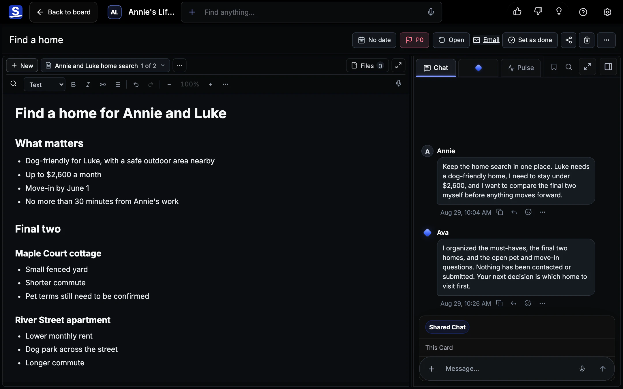 Actual Superboard Find a home Card Room for Annie and Luke’s home search, with the comparison and conversation together.