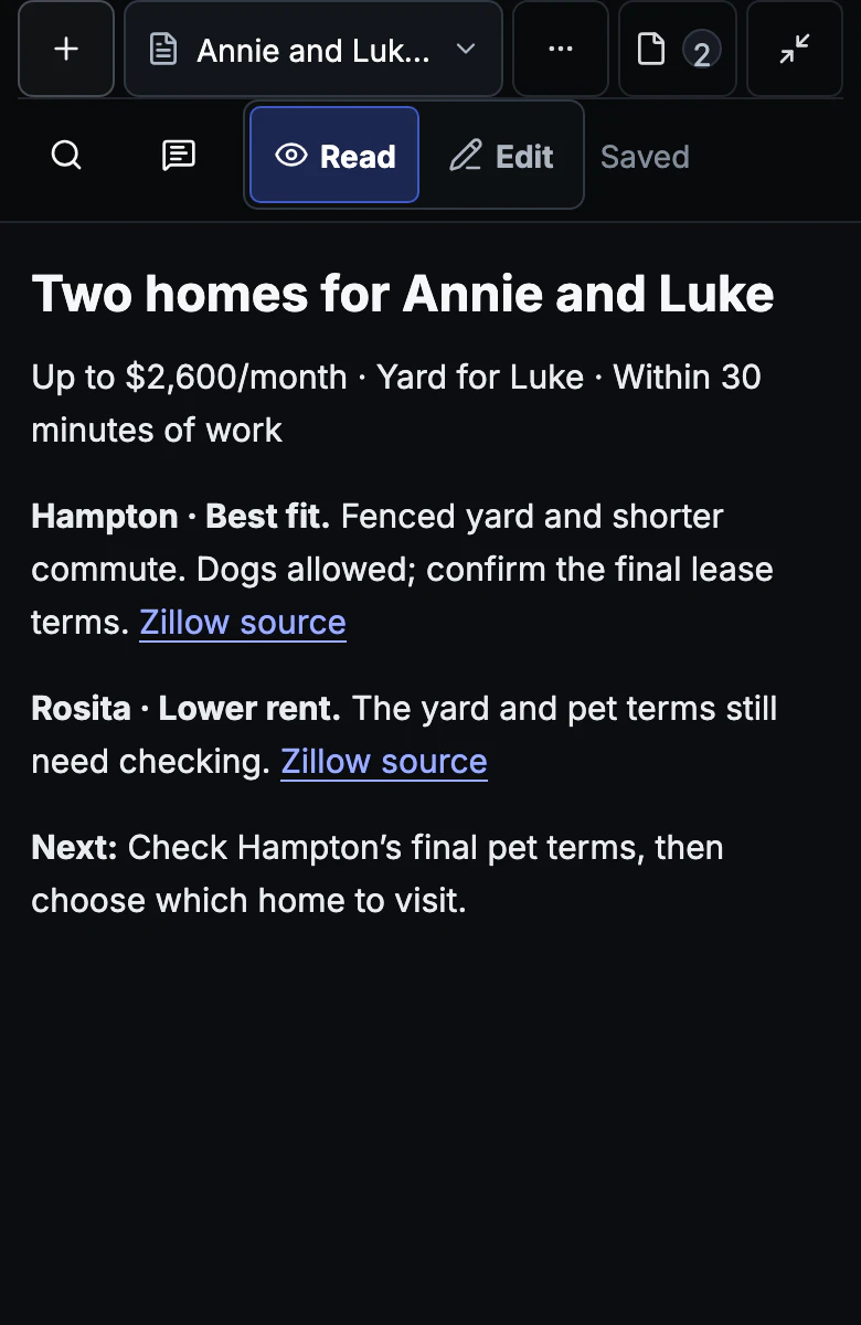 Illustrative home-search walkthrough: Compare the homes on one Card.