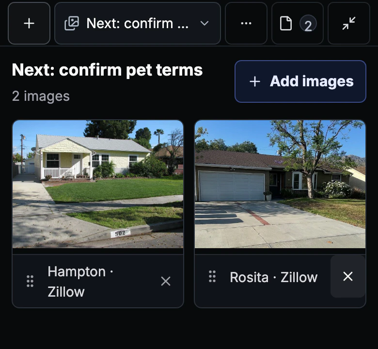 Hampton and Rosita, the two homes from Zillow saved together in Annie’s illustrative Find a home Card.