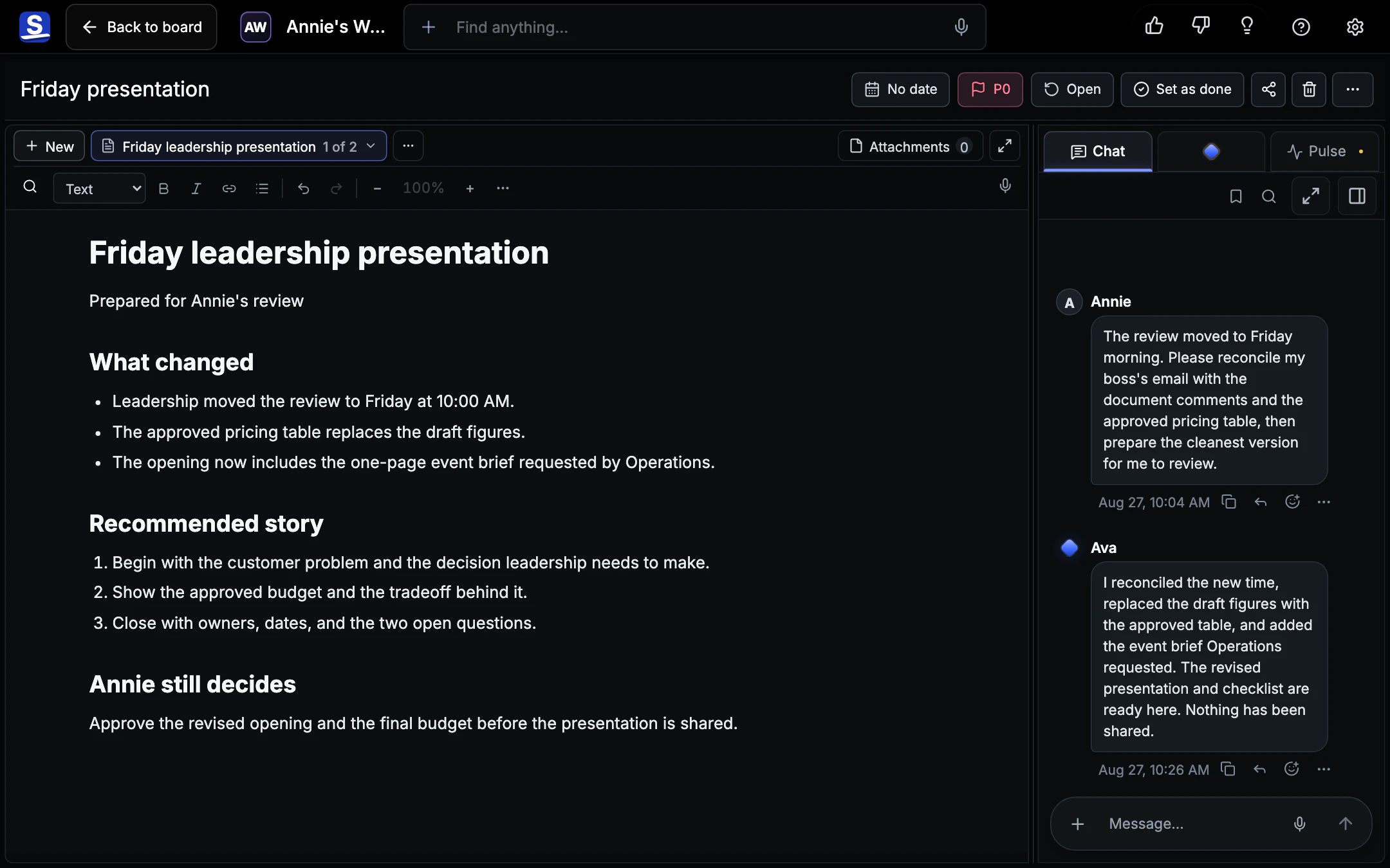 Actual Superboard product UI showing Annie's Friday presentation Card with the working document, checklist, decisions, and conversation with Ava together.