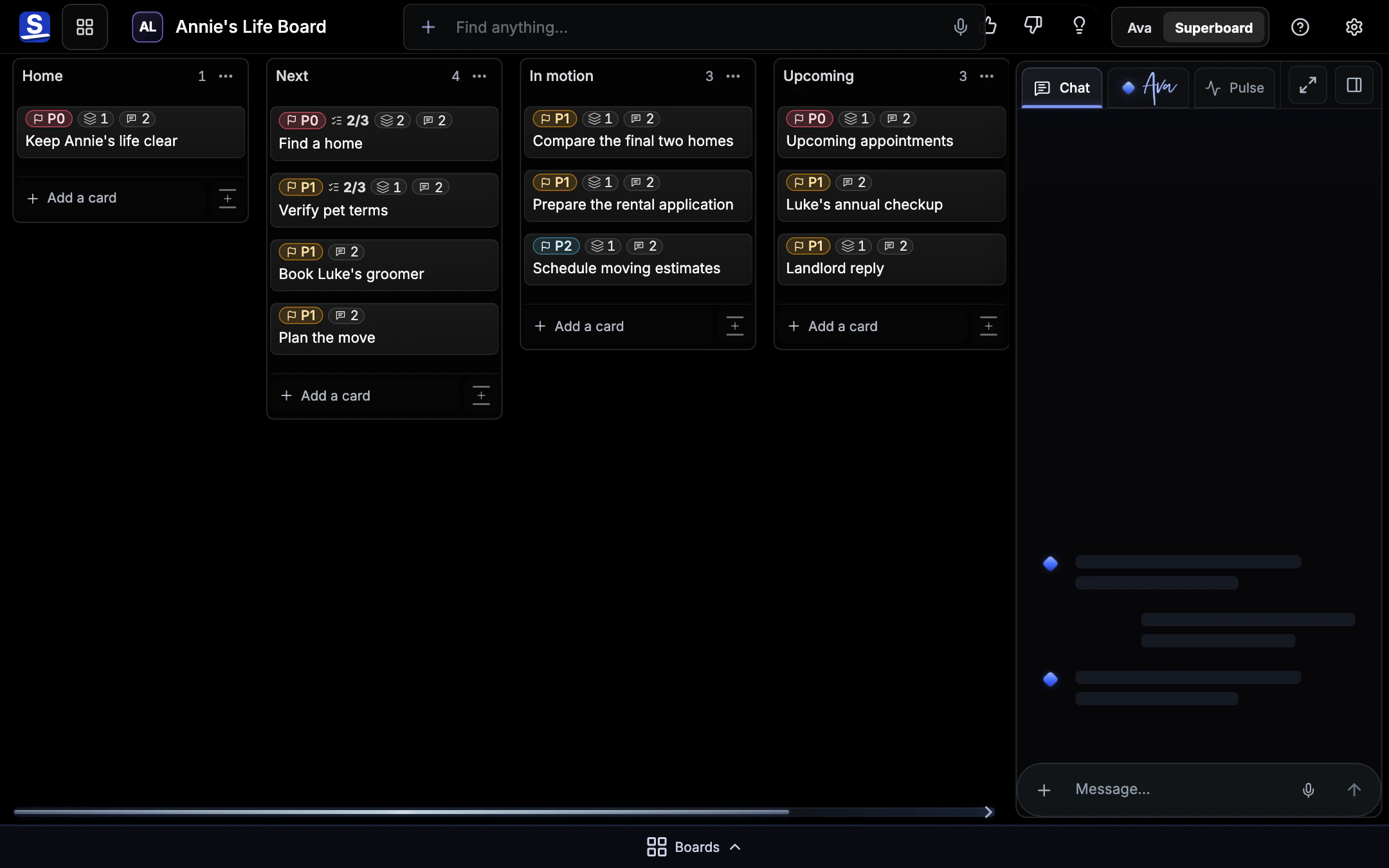 Actual Superboard product UI showing Annie's Life Board with Cards for finding a home, verifying pet terms, booking Luke's groomer, planning the move, and appointments.