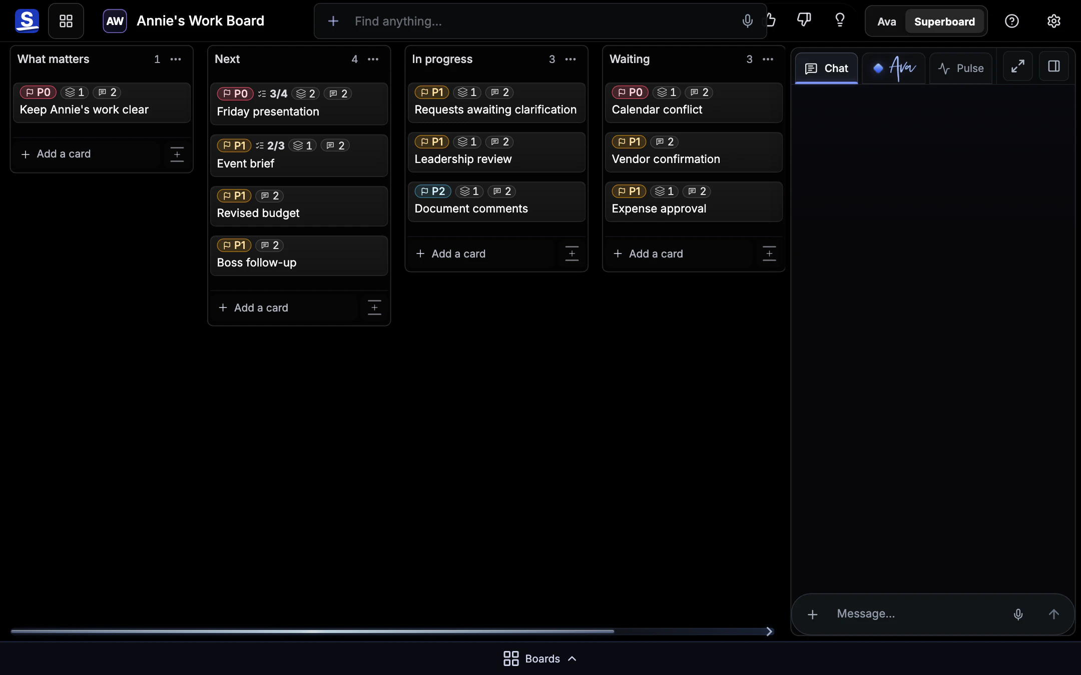 Actual Superboard product UI showing Annie's Work Board with Cards for an event brief, revised budget, Friday presentation, boss follow-up, and requests awaiting clarification.