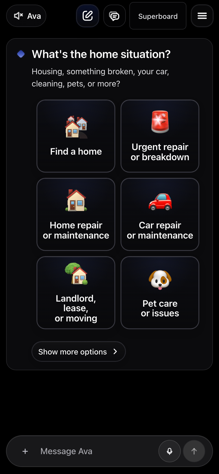 The real next screen after Home or car, where Ava asks what the home situation is and offers Find a home and other choices.