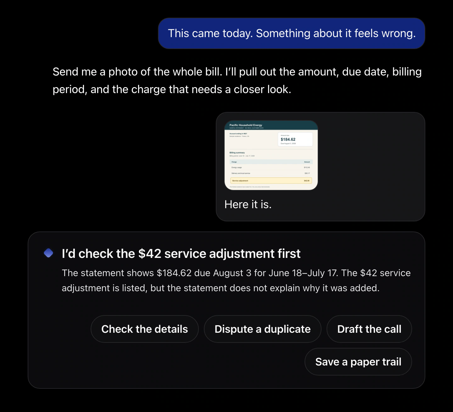 A You.one interaction where Ava reads a bill, identifies an unexplained charge, and prepares the next action.
