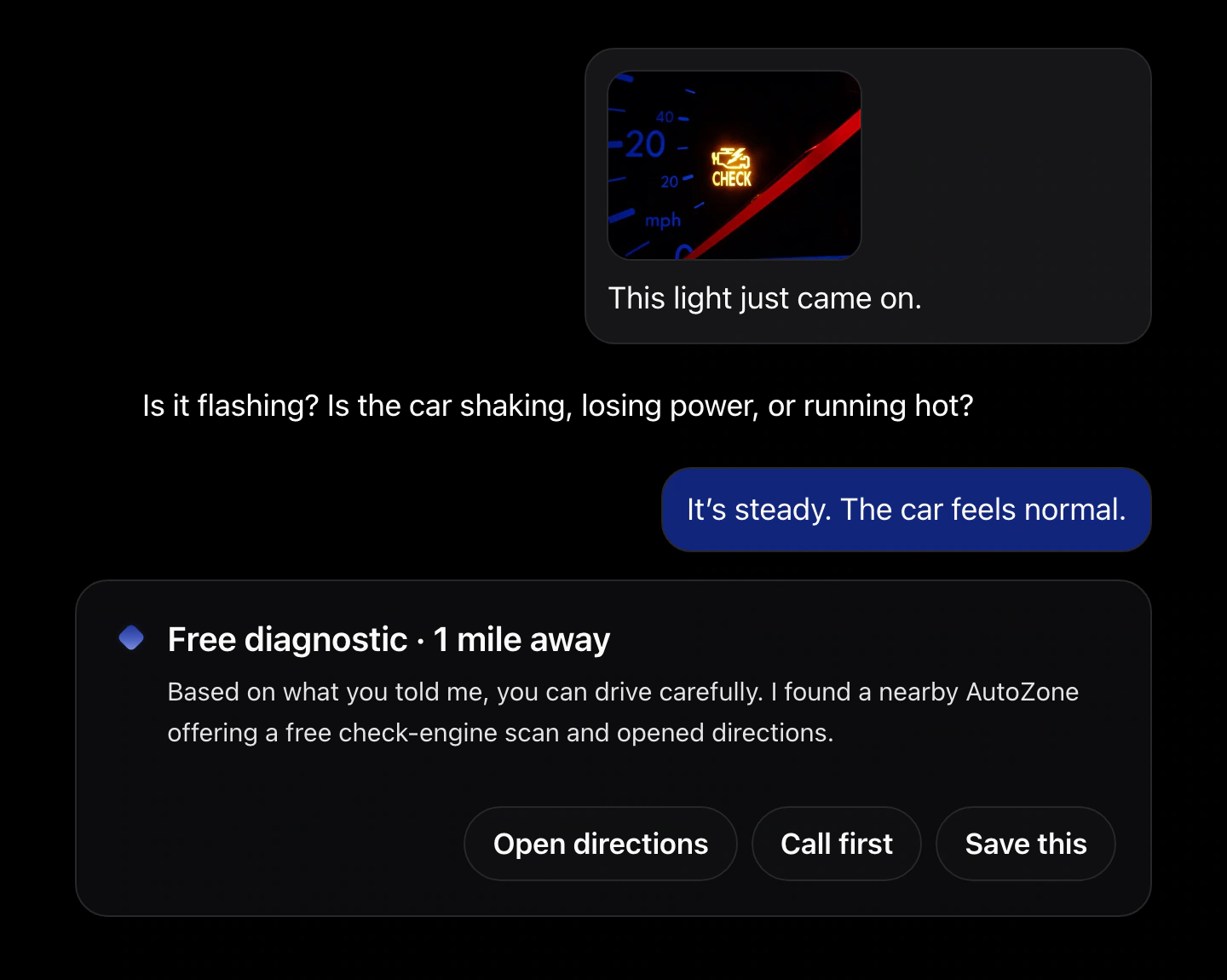A You.one interaction where Ava helps with a check-engine warning light and finds nearby diagnostic help.