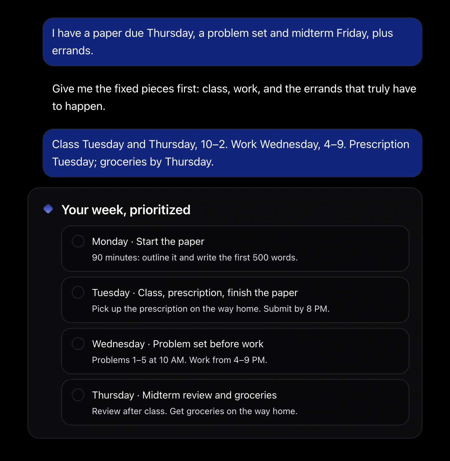 A You.one interaction where Ava turns a student's deadlines, work shift, and errands into a prioritized weekly plan.
