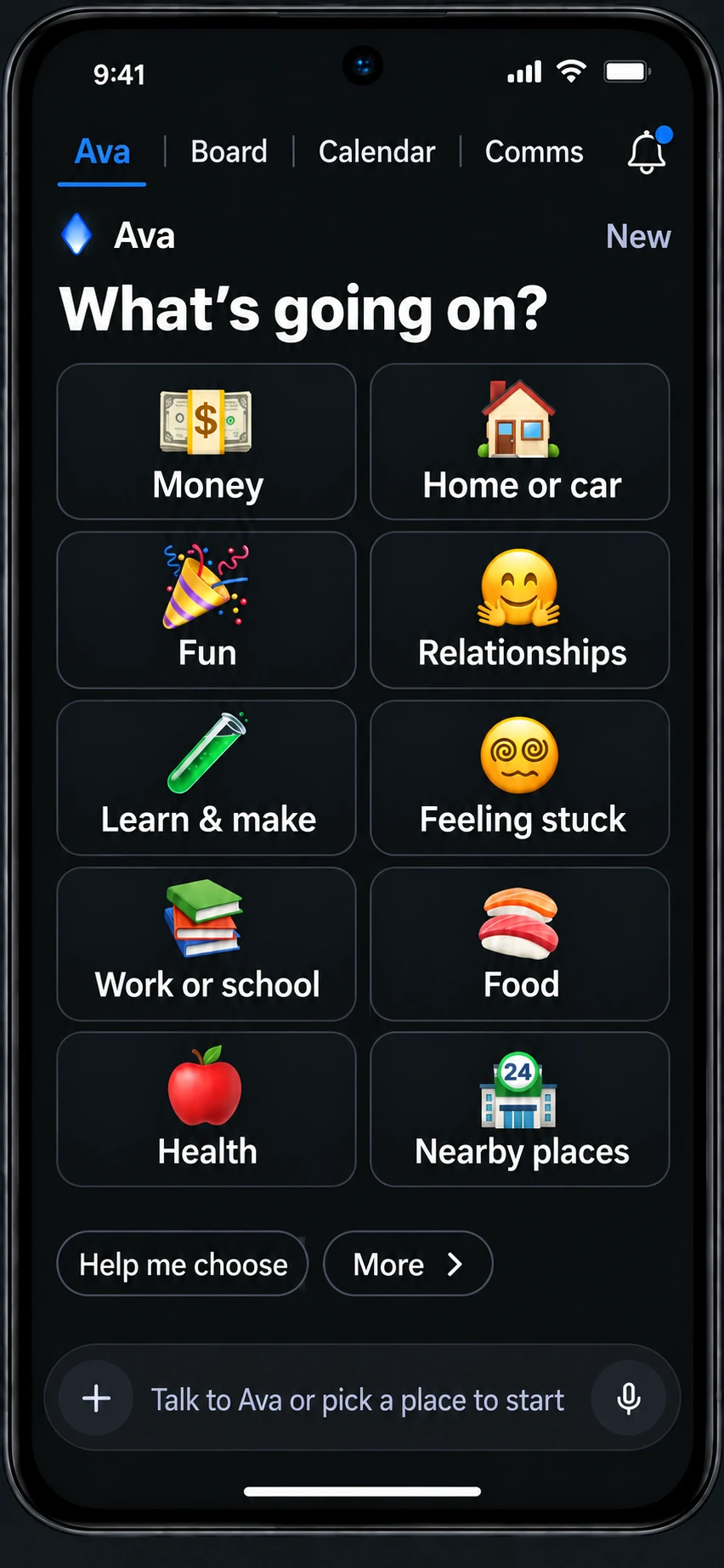Illustrative Ava start screen: life-category choices and a message composer beneath Ava, Board, Calendar, and Comms navigation.