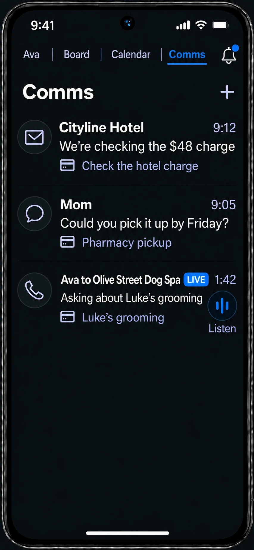 Illustrative You.one Comms showing a hotel email, a text from Mom, and Ava’s groomer call, each connected to its Card.