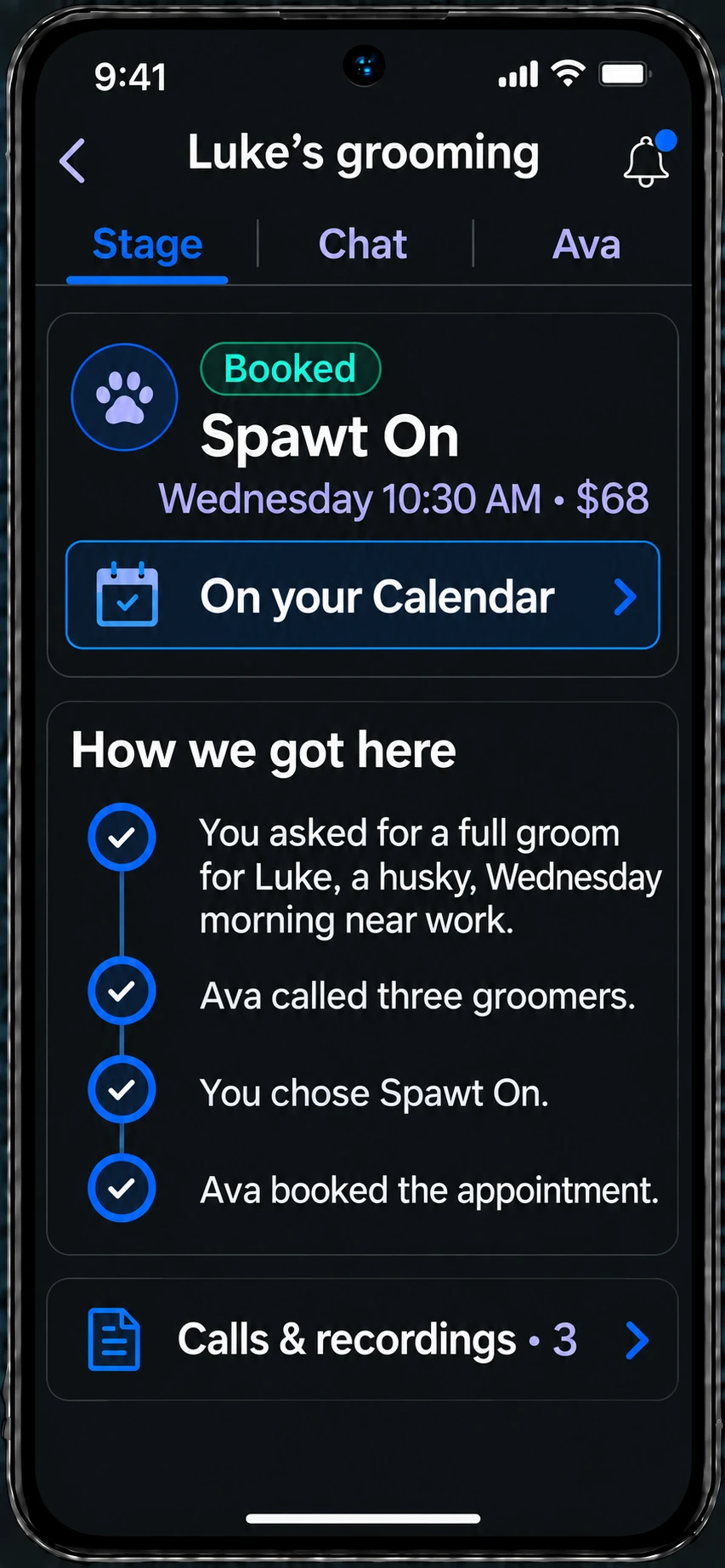 Illustrative Luke’s grooming Stage Job after approval: Spawt On is booked for Wednesday at 10:30 for $68, on the You.one Calendar, with the call history and decision recorded.