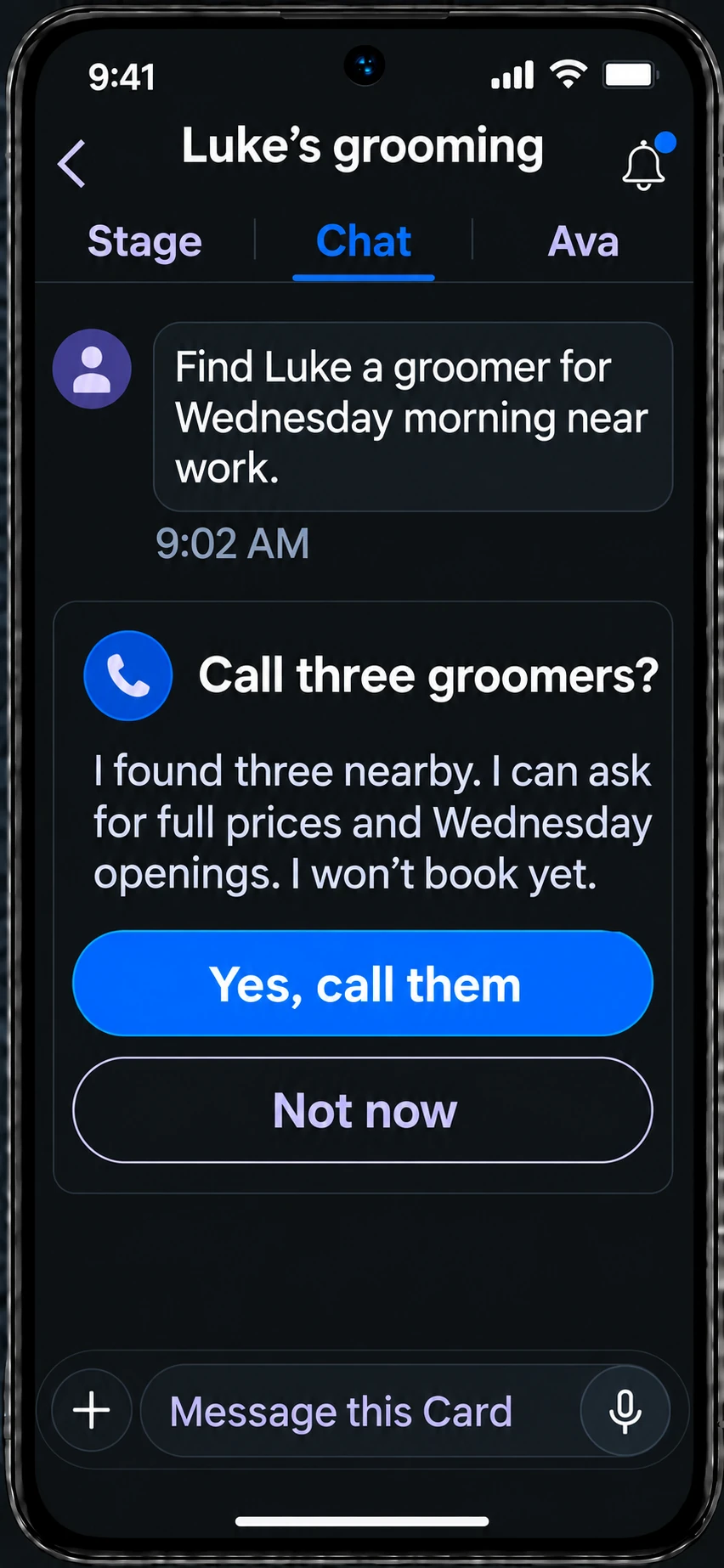 Illustrative Luke’s grooming Card Chat: Ava asks before calling three groomers. The Card Room has Stage, Chat, and Ava tabs.