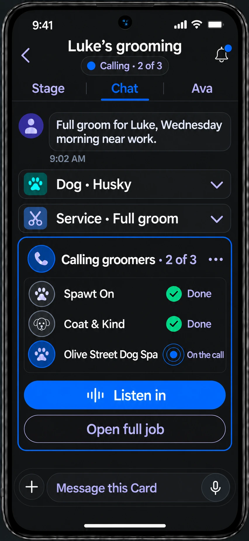 Illustrative Luke’s grooming Card Chat: one live Job shows two of three groomer calls complete, with Listen in and Open full job controls.